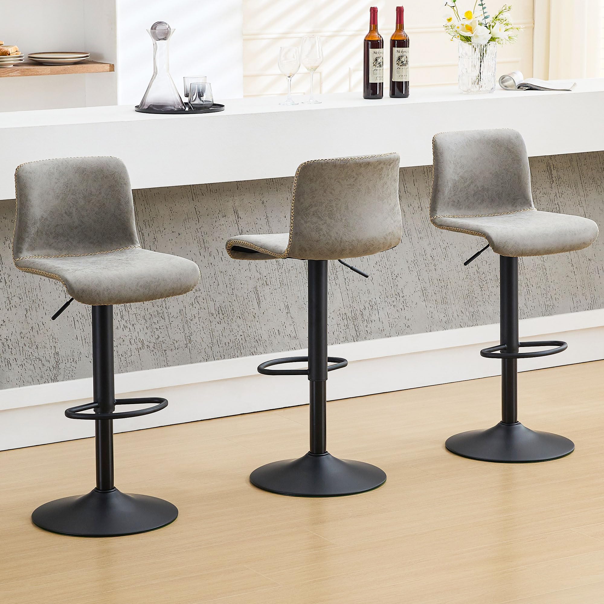 HeuGah Bar Stools Set of 3, Swivel Counter Height Barstools with Back, Adjustable Height 24 to 32, Gray Faux Leather Bar Chairs 