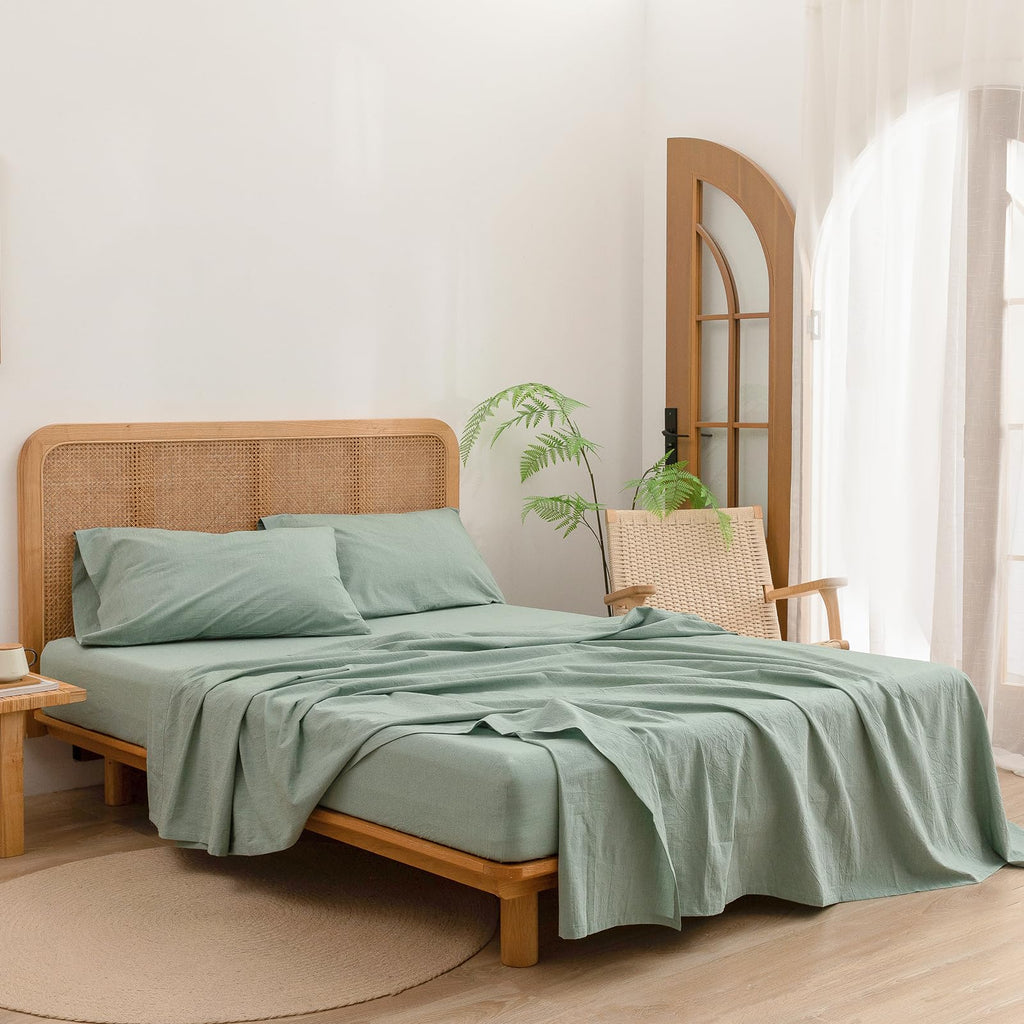 Bestouch Sheet Set 100% Washed Cotton Linen Feel Super Soft Comfortable Chic Lightweight 4 Pcs Home Bedding Set Solid Green Full