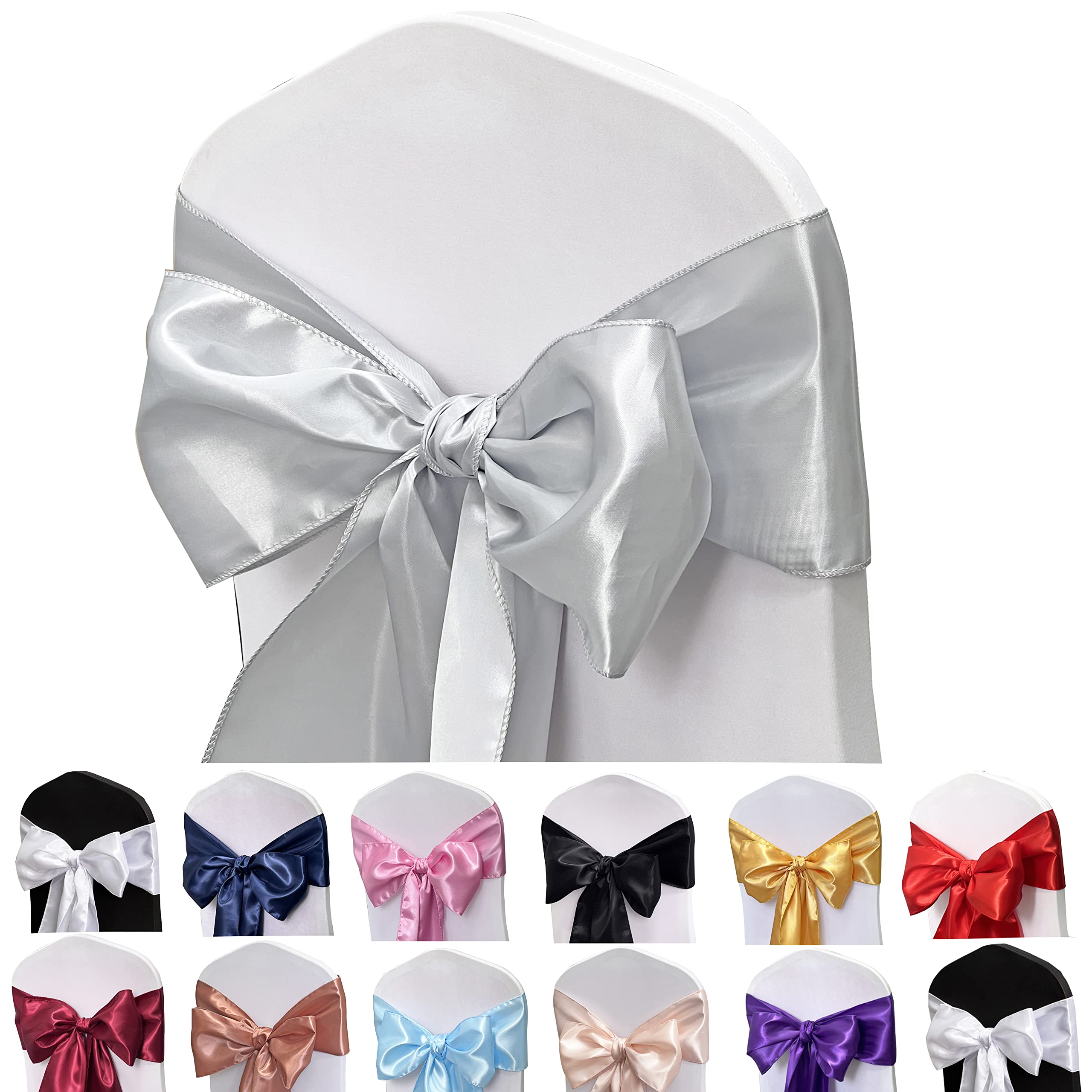 Maiangel Satin Chair Sashes Bows-12Pcs Chair Ribbon Ties Back Sash For Wedding Party Events Banquet Chair Cover Decoration (Silv