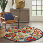Nourison Aloha Indoor/Outdoor Multicolor 5'3' X Round Area Rug, Easy Cleaning, Non Shedding, Bed Room, Living Room, Dining Room, Backyard, Deck, Patio (5 Round)