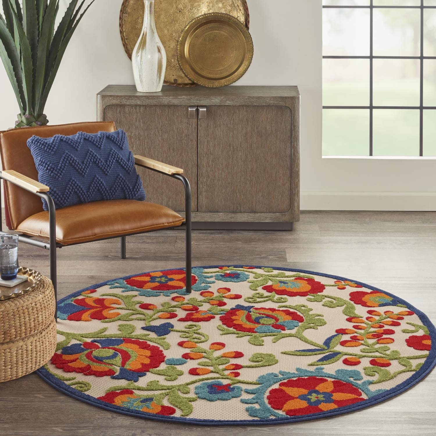 Nourison Aloha Indoor/Outdoor Multicolor 5'3' X Round Area Rug, Easy Cleaning, Non Shedding, Bed Room, Living Room, Dining Room, Backyard, Deck, Patio (5 Round)