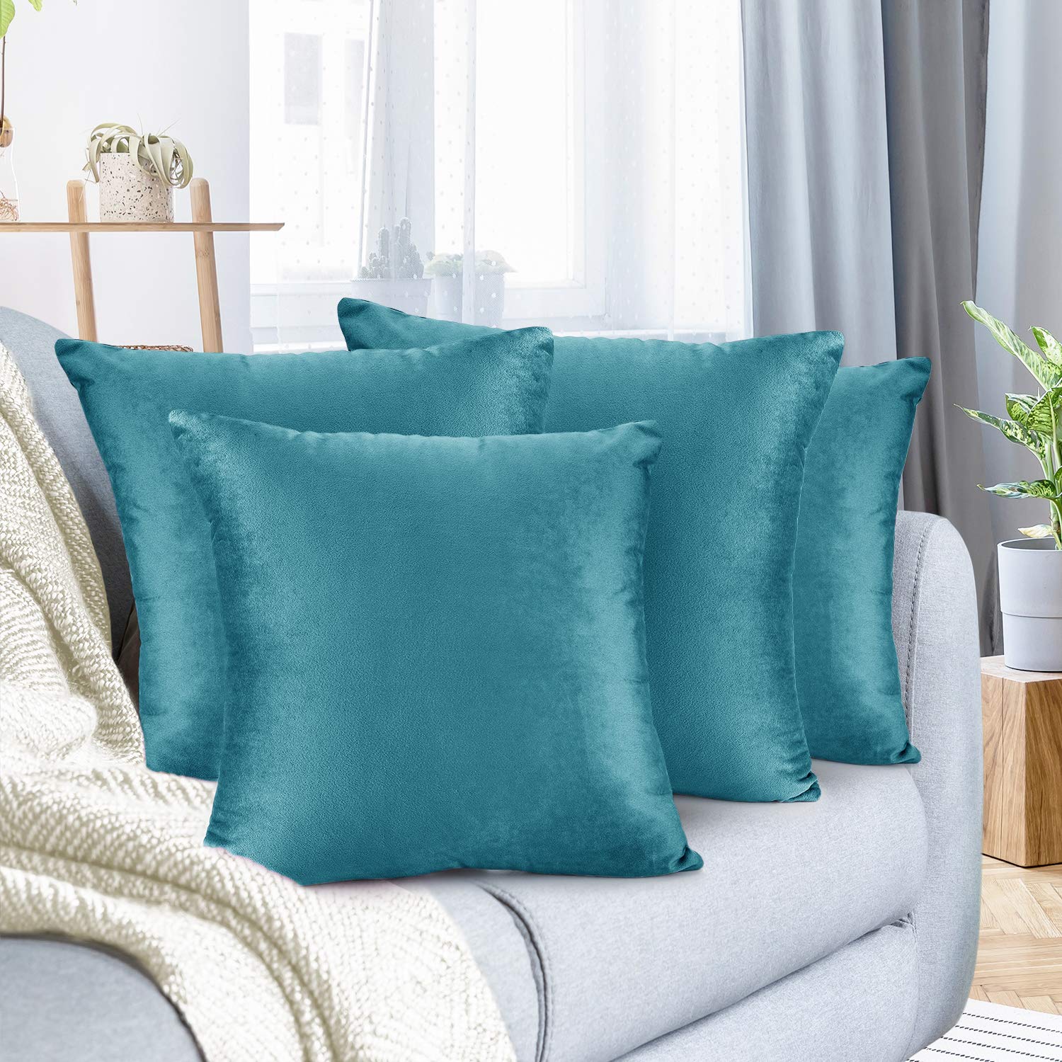 Nestl Throw Pillow Covers, Cozy Velvet Decorative Teal Pillow Covers 18 x 18 Inches, Soft Solid Couch Pillow Covers for Sofa, Be