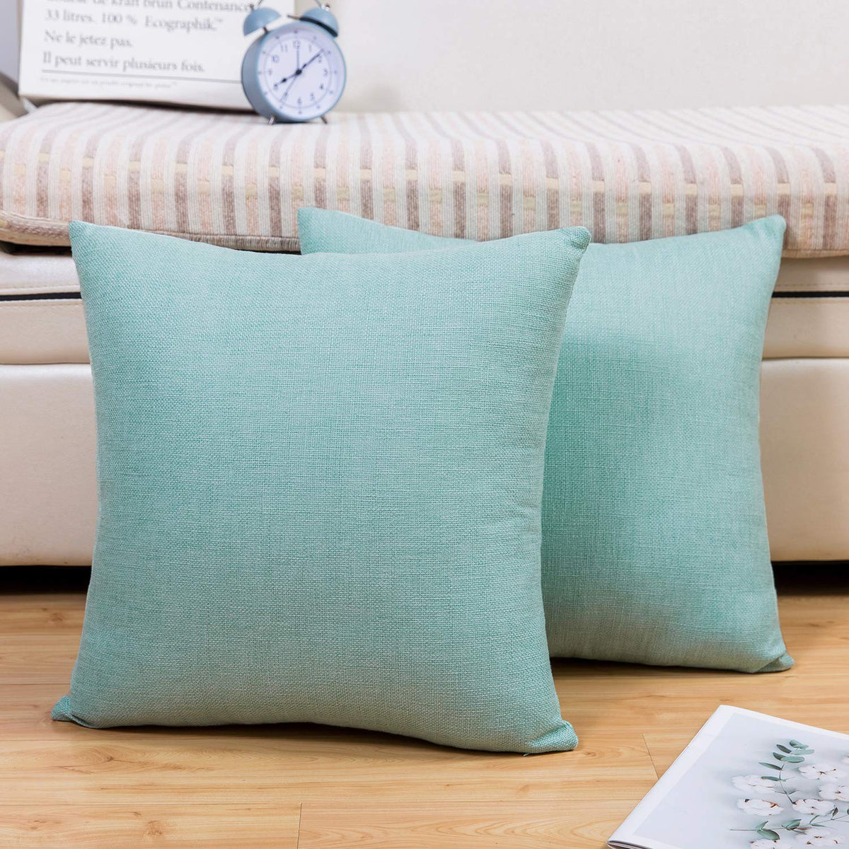 Jepeak 18x18 Inch Decorative Linen Throw Pillow Covers Pack of 2 Modern Solid Cushion Covers Farmhouse Spring Pillow Cases for Couch Sofa Bed, Light Teal