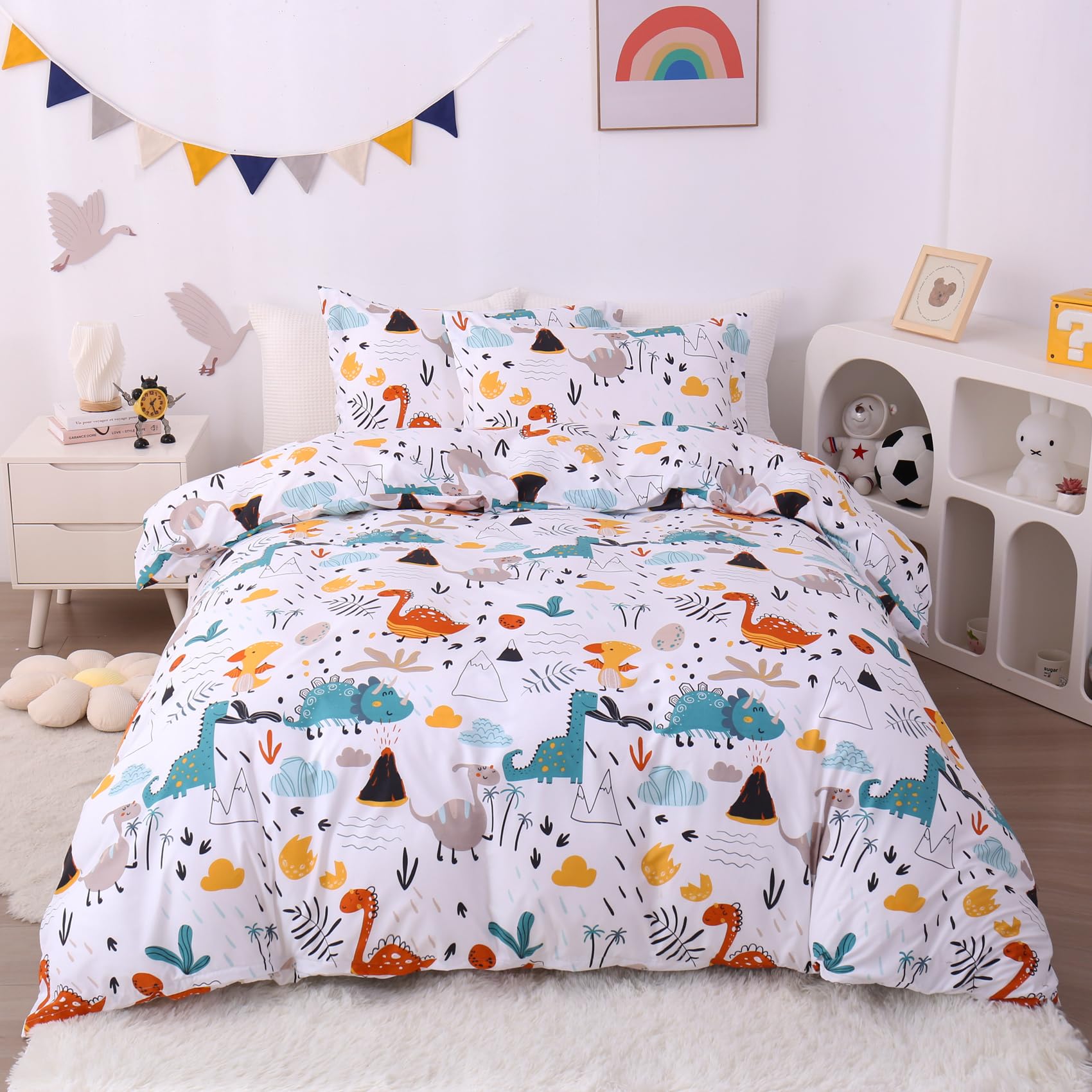 Jsd Dinosaur Kids Duvet Cover Set Twin Size, 2 Piece Soft Printed Microfiber Bedding Comforter Cover With Pillow Sham Zipper Clo
