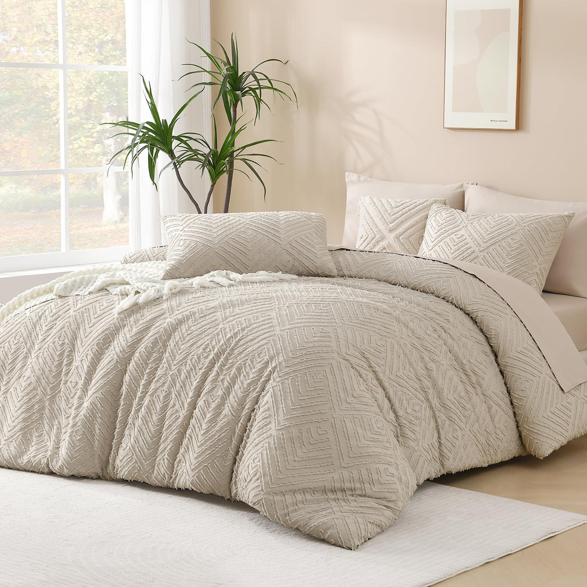 Andency Oatmeal Comforter California King Size, 3 Pieces Boho Bedding Set & Collections, Farmhouse Tufted Fluffy Bedding Comforter Sets For All Seasons (1 Comforter 104X96In, 2 Pillowcases)