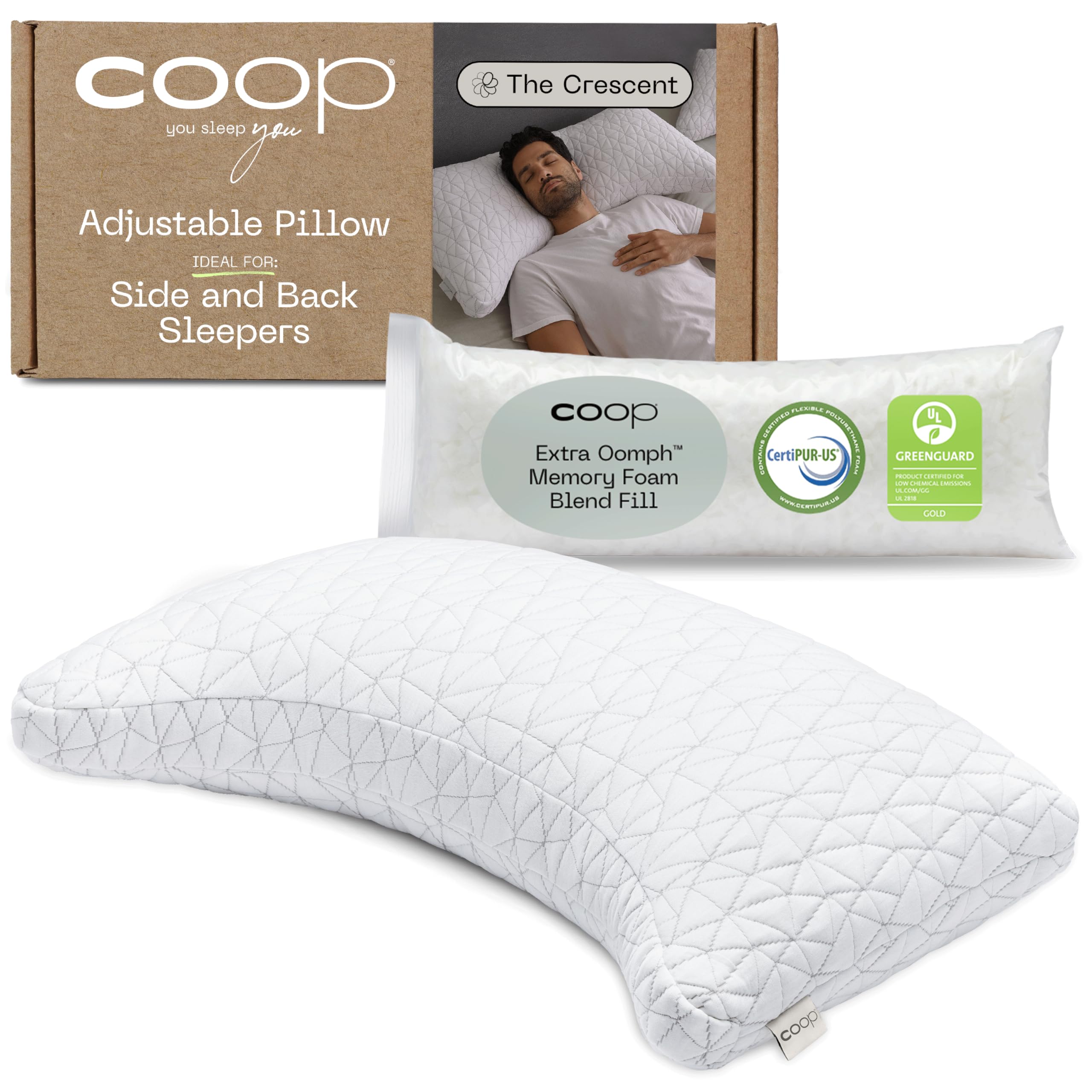 Coop Home Goods Original Crescent Adjustable Pillow, Queen Bed Pillows For Shoulder, Neck & Head Support, Crescent Foam Pillows