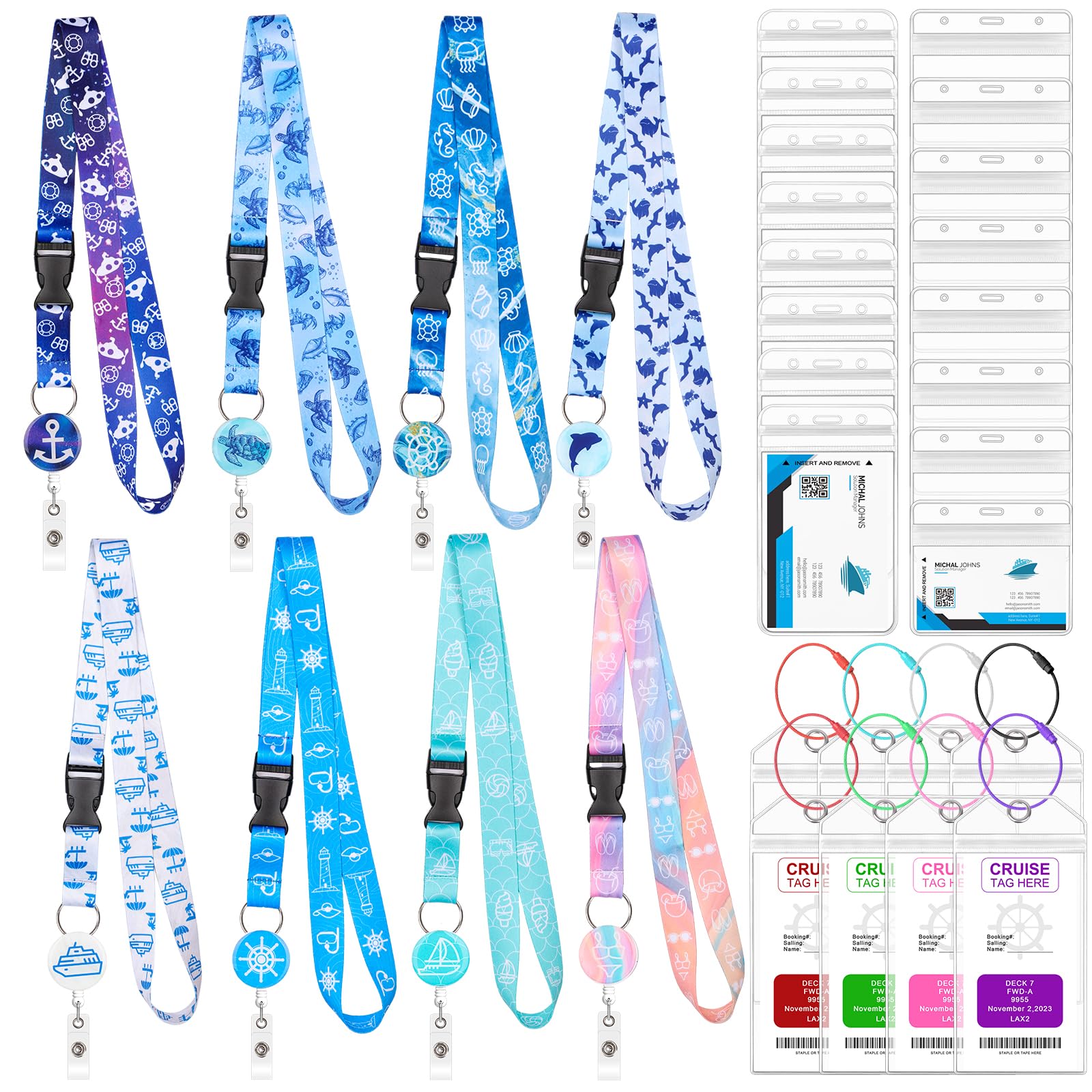 Roadplum 8 Pack Cruise Lanyards Set For Ship Cards, With Retractable Badge Reel Waterproof Luggage Tag Holders Id Card Holders,