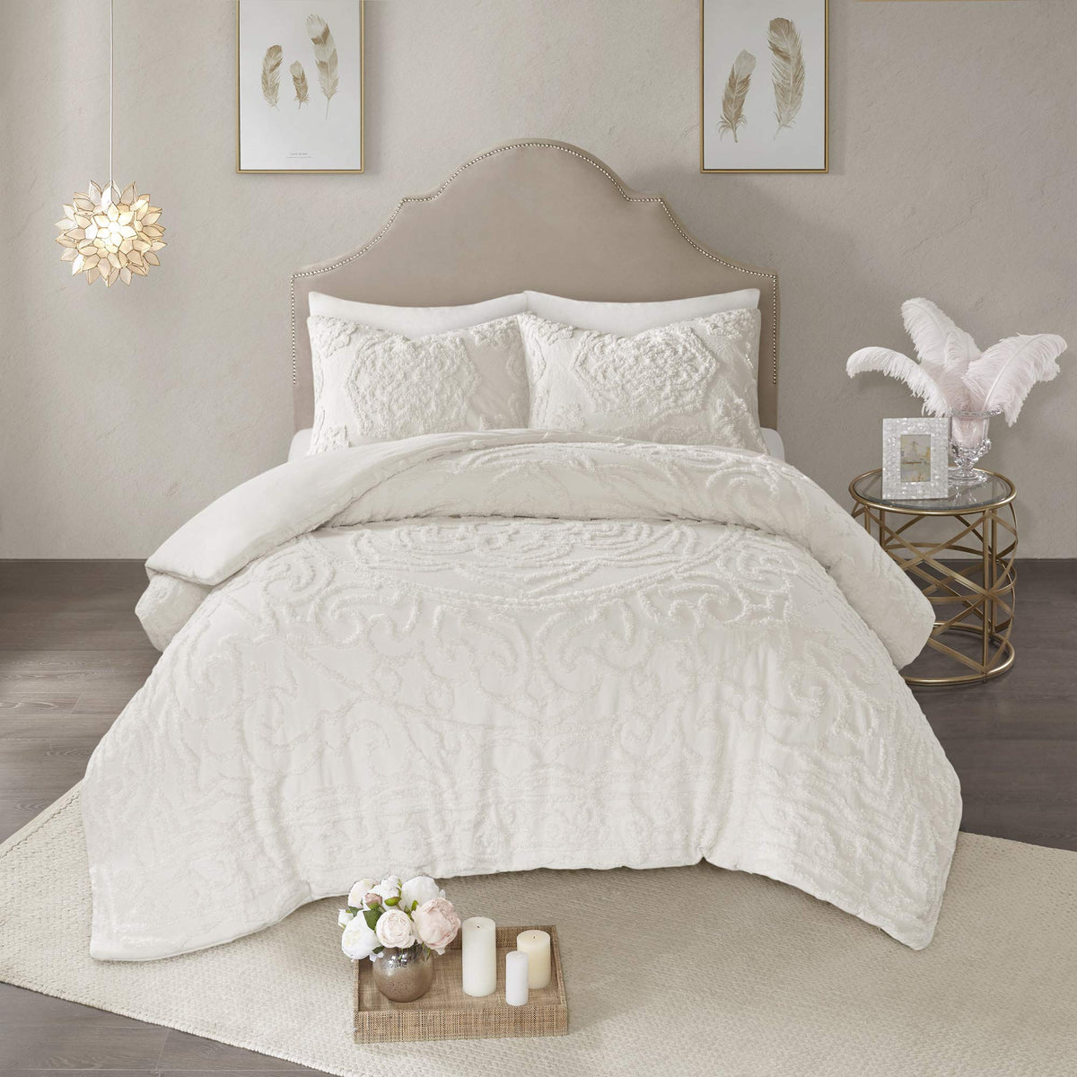 Madison Park Laetitia Comforter Bohemian Tufted Cotton Chenille, Medallion Shabby Chic All Season Down Alternative Bed Set With Matching Shams, Floral Off White King/Cal King(104'X92') 3 Piece