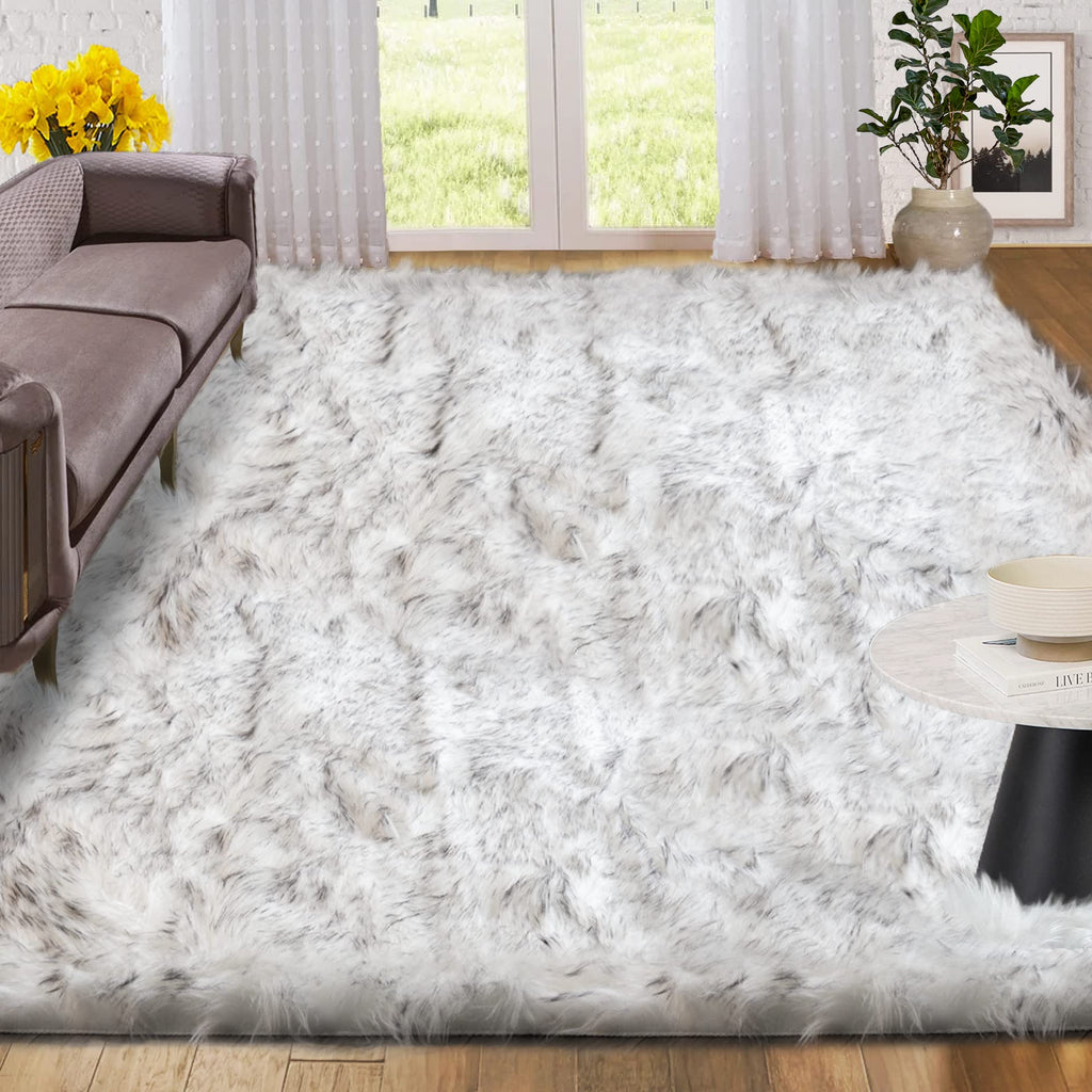 ORINOVA White and Grey Area Rugs 9x12 Living Room Large Washable Faux Fur Rugs for Bedroom Nursery Shaggy Sheepskin Fur Rectangl
