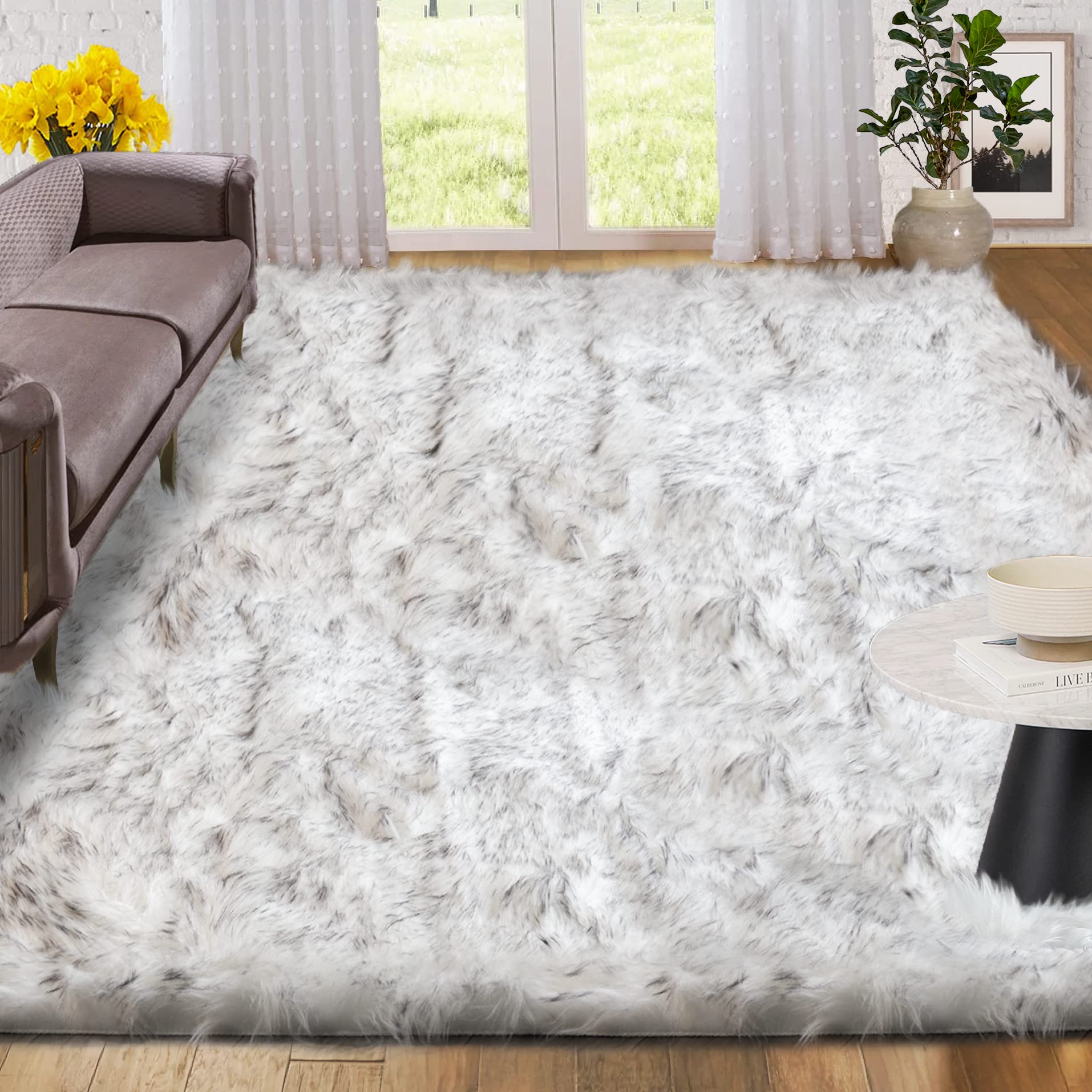ORINOVA White and Grey Area Rugs 9x12 Living Room Large Washable Faux Fur Rugs for Bedroom Nursery Shaggy Sheepskin Fur Rectangl
