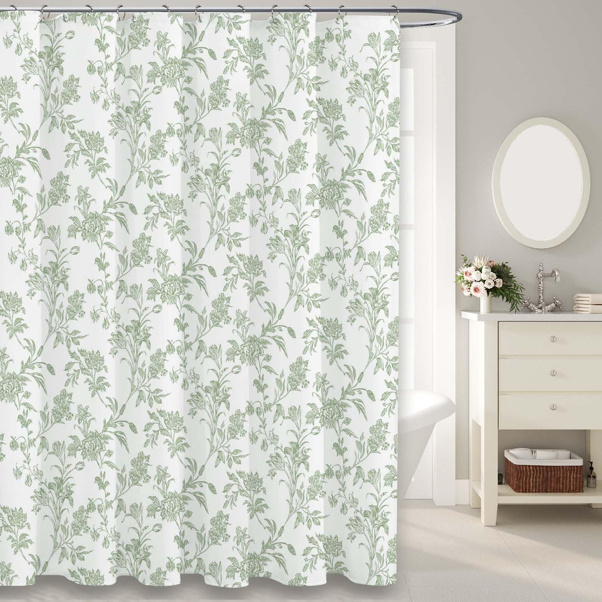 Sage Green Shower Curtain Floral Cotton Cottagecore Shower Curtain For Bathroom 72' W X 84' L