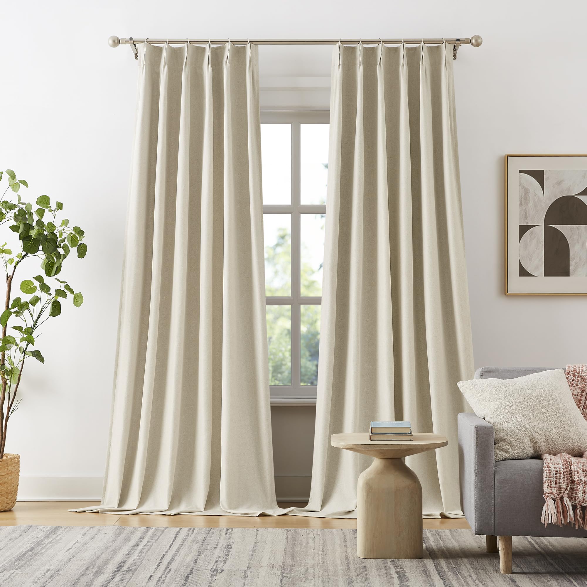 DUALIFE Natural Birch Pinch Pleated Blackout Curtains 108 Inches Long 9 ft Length 2 Panels Set, Back Tab with Hooks,Ceiling Sun 