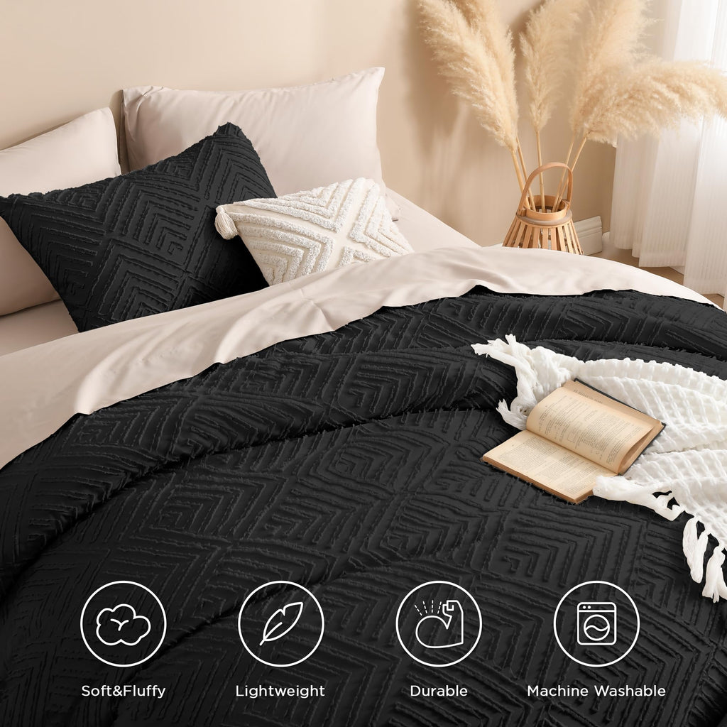 Andency Black Comforter Set Queen, Lightweight Fluffy Bedding Comforter Sets For Queen Bed, 3 Pieces Tufted Farmhouse Shabby Chic Bed Set For All Seasons (1 Comforter 90X90In, 2 Pillowcases)