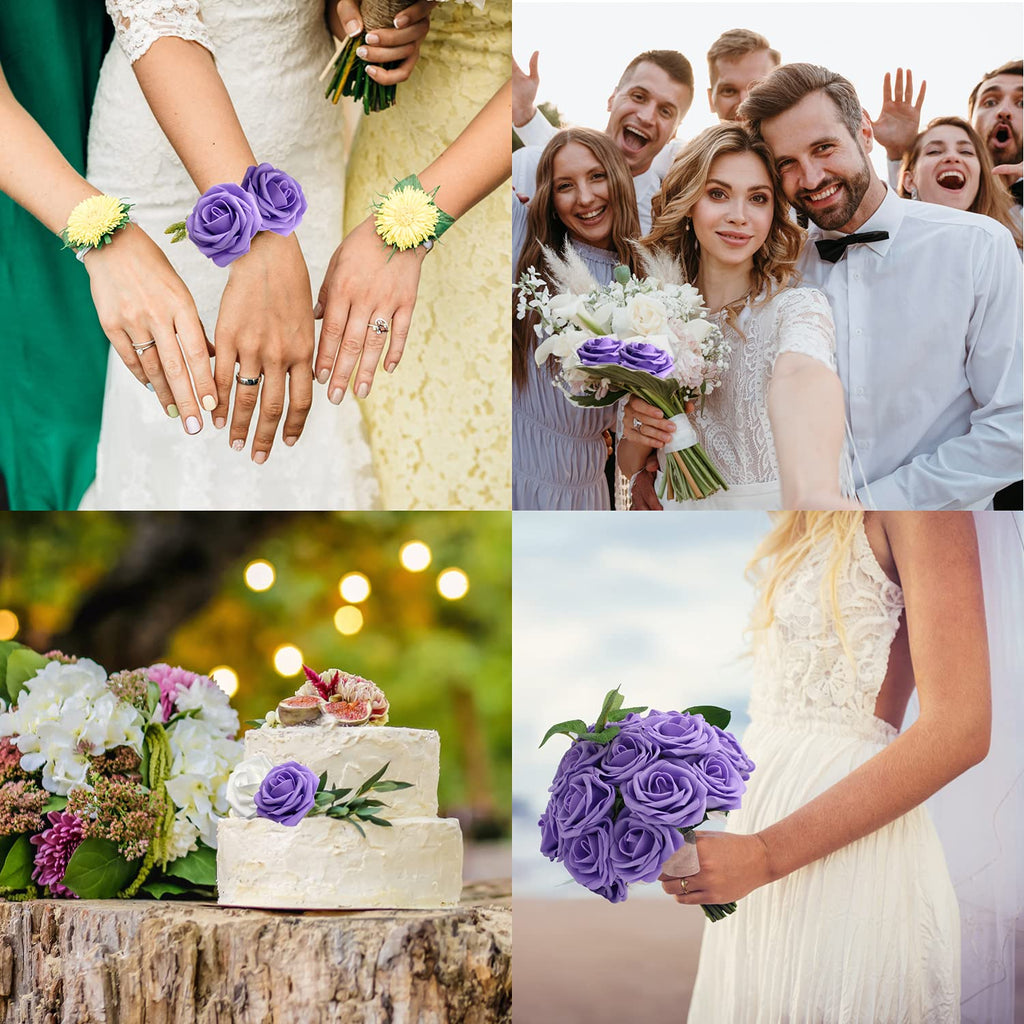 Joylex Artificial Flowers Realistic Purple Roses, 25Pcs Real Looking Fake Roses With Stem For Diy Wedding Bouquets Centerpieces