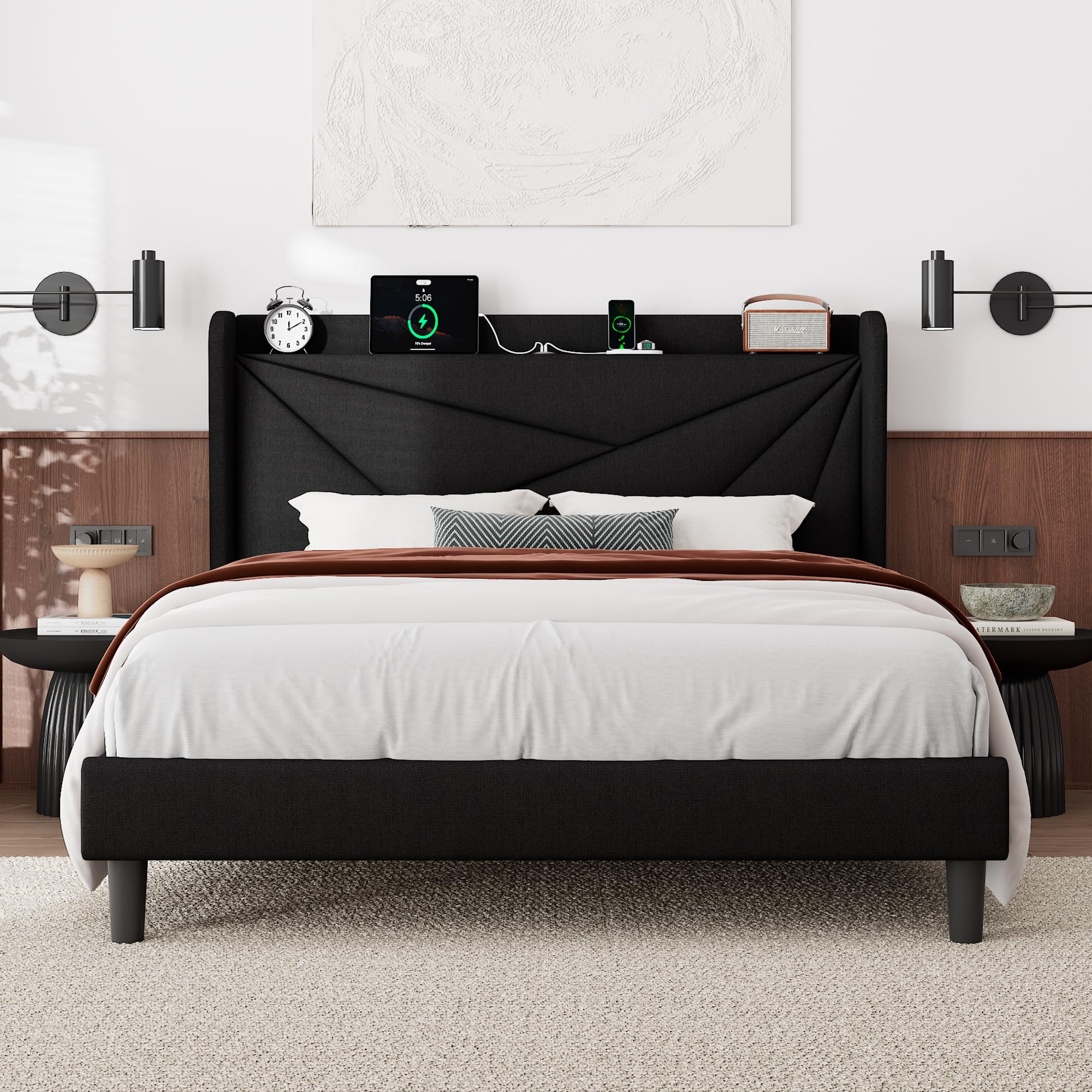 Feonase Queen Bed Frame with Charging Station, Upholstered Platform Bed Frame with Wingback Storage Headboard, Solid Wood Slats 