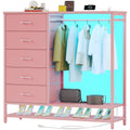 Dresser for Bedroom, Dresser with Hanging Rack Led Lights and Charging Station, Tall Dresser with 5 Fabric Chest of Drawers with