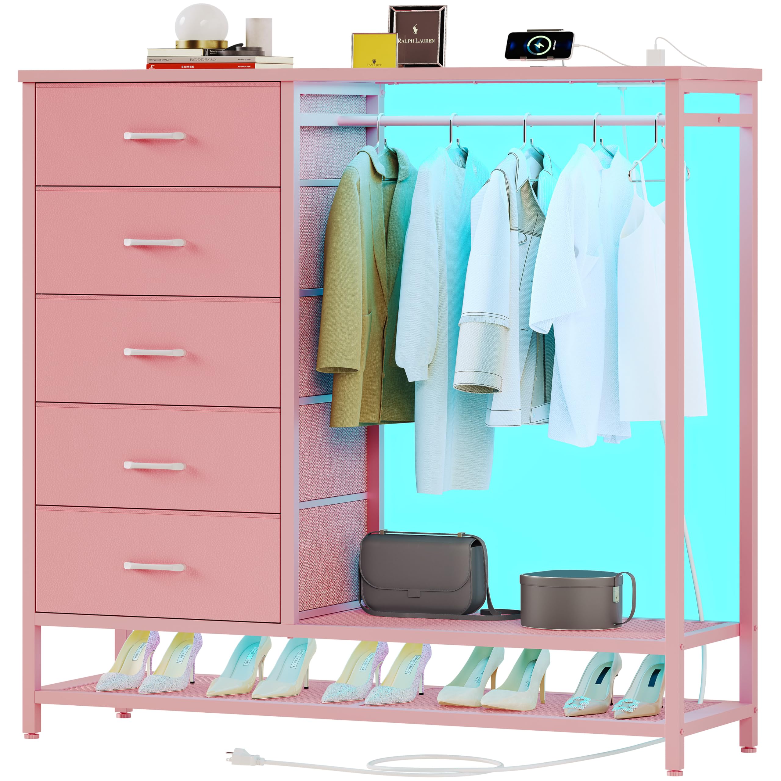 Dresser for Bedroom, Dresser with Hanging Rack Led Lights and Charging Station, Tall Dresser with 5 Fabric Chest of Drawers with