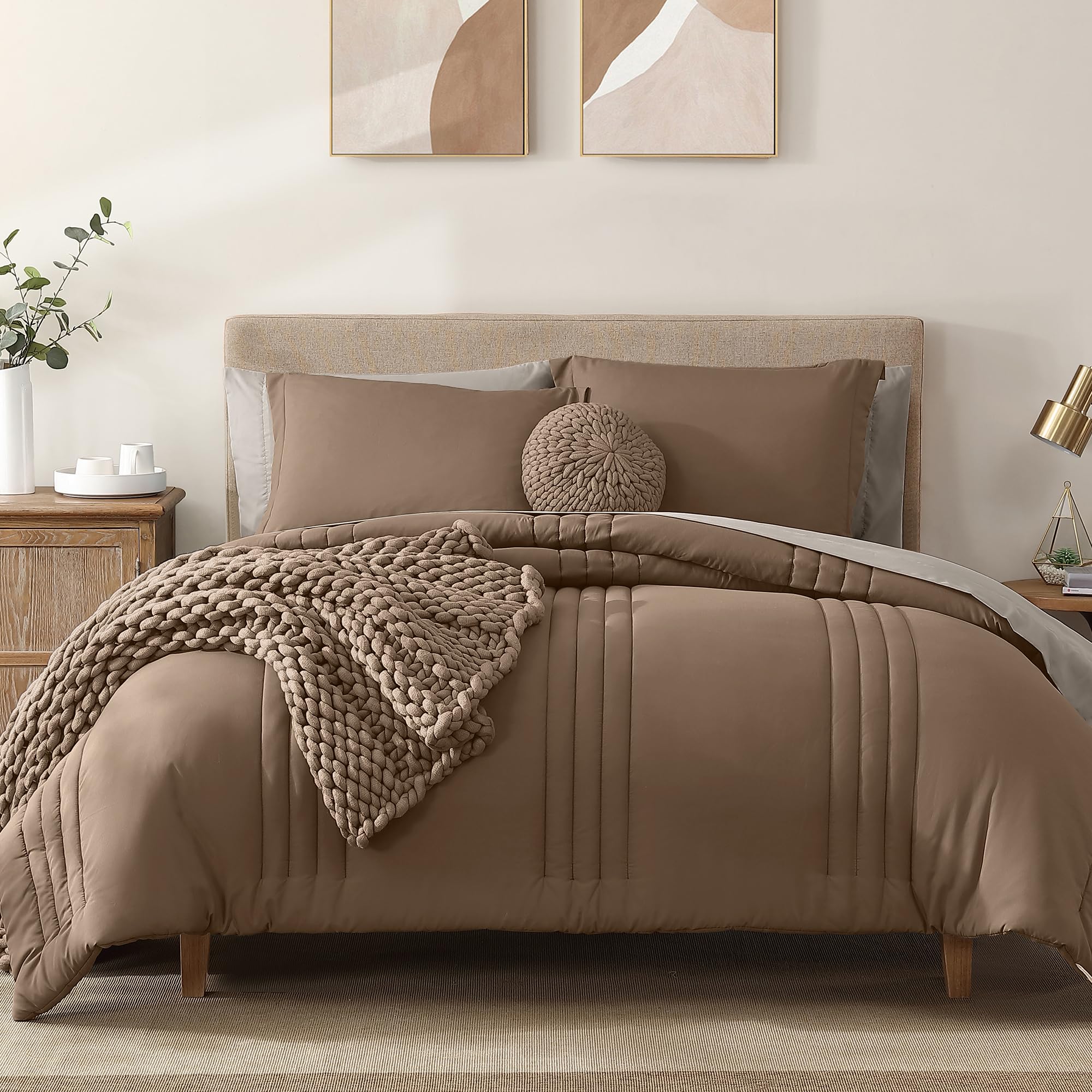 Monbix King Size Comforter Set - 7 Pieces Bed In A Bag King, Raw Umber Bedding Sets With Comforter, All Seasons Down Alternative