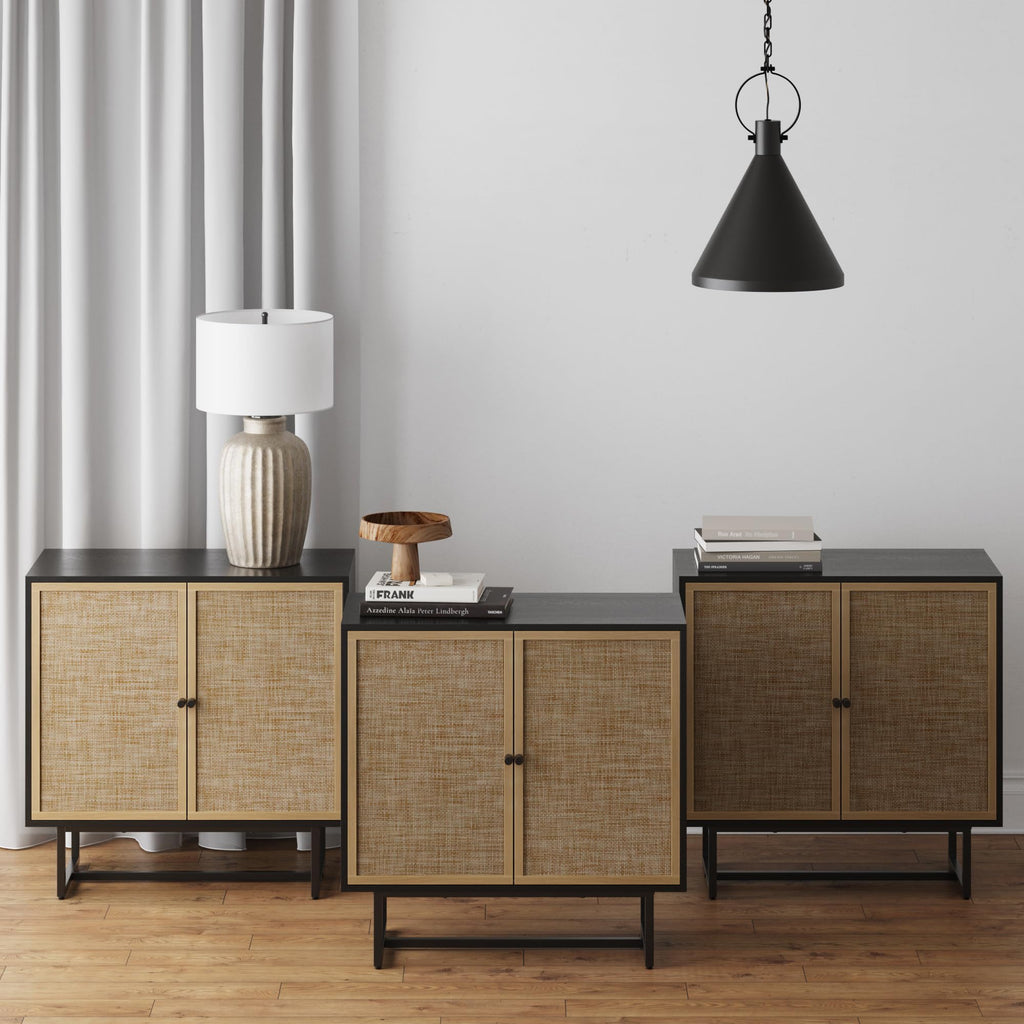 Nathan James Kova Rattan Wood Accent Sideboard Storage Cabinet Console Table With Metal Frame, Adjustable Shelves And Cane Doors, For Hallway, Entryway Or Living Room, Black Oak/Cane, Set Of 3