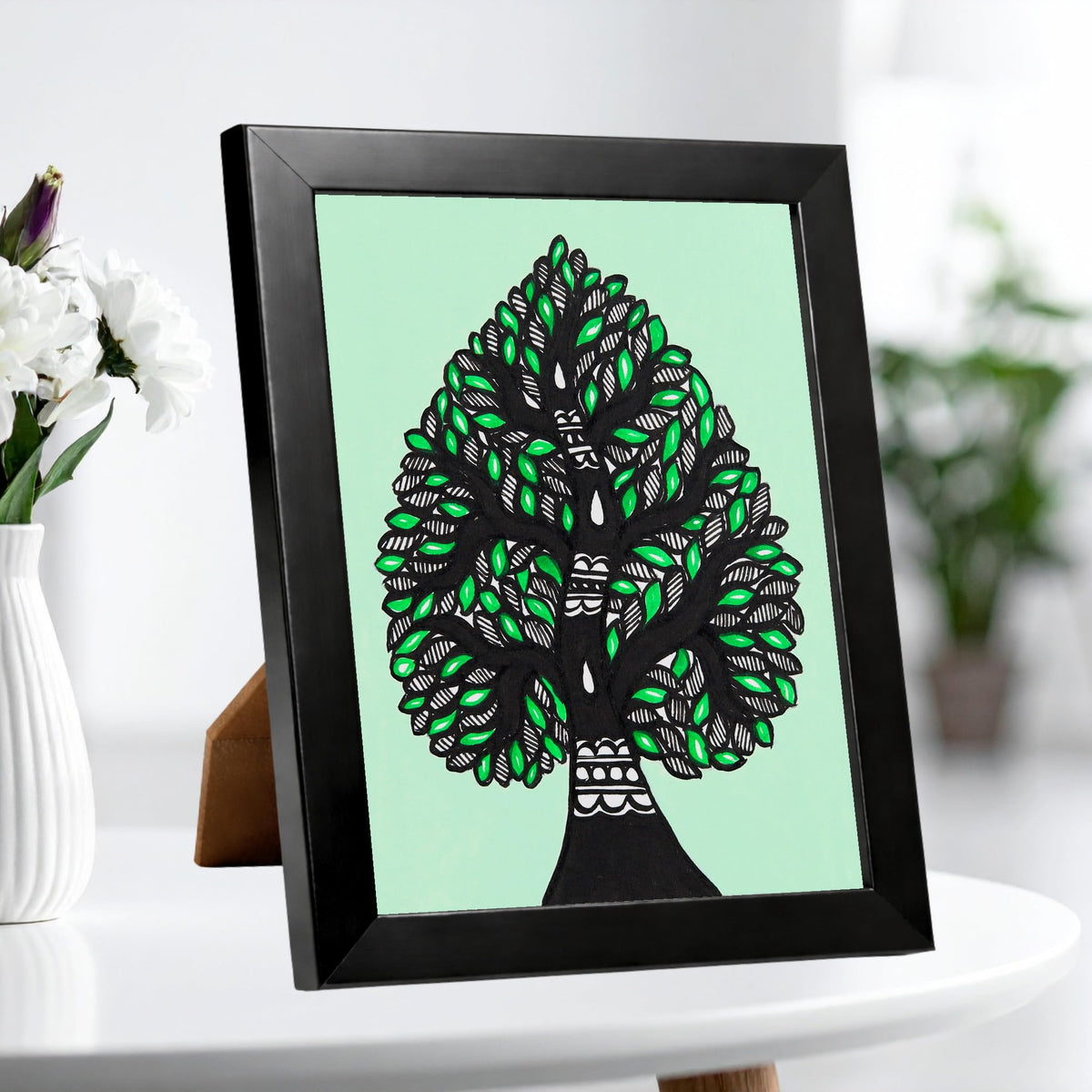 AAKARSHAK Small Madhubani Tree of Life Painting Framed 6x8 Inch  Hand Painted Mithila Table Top and Wall Hanging Decor Return G