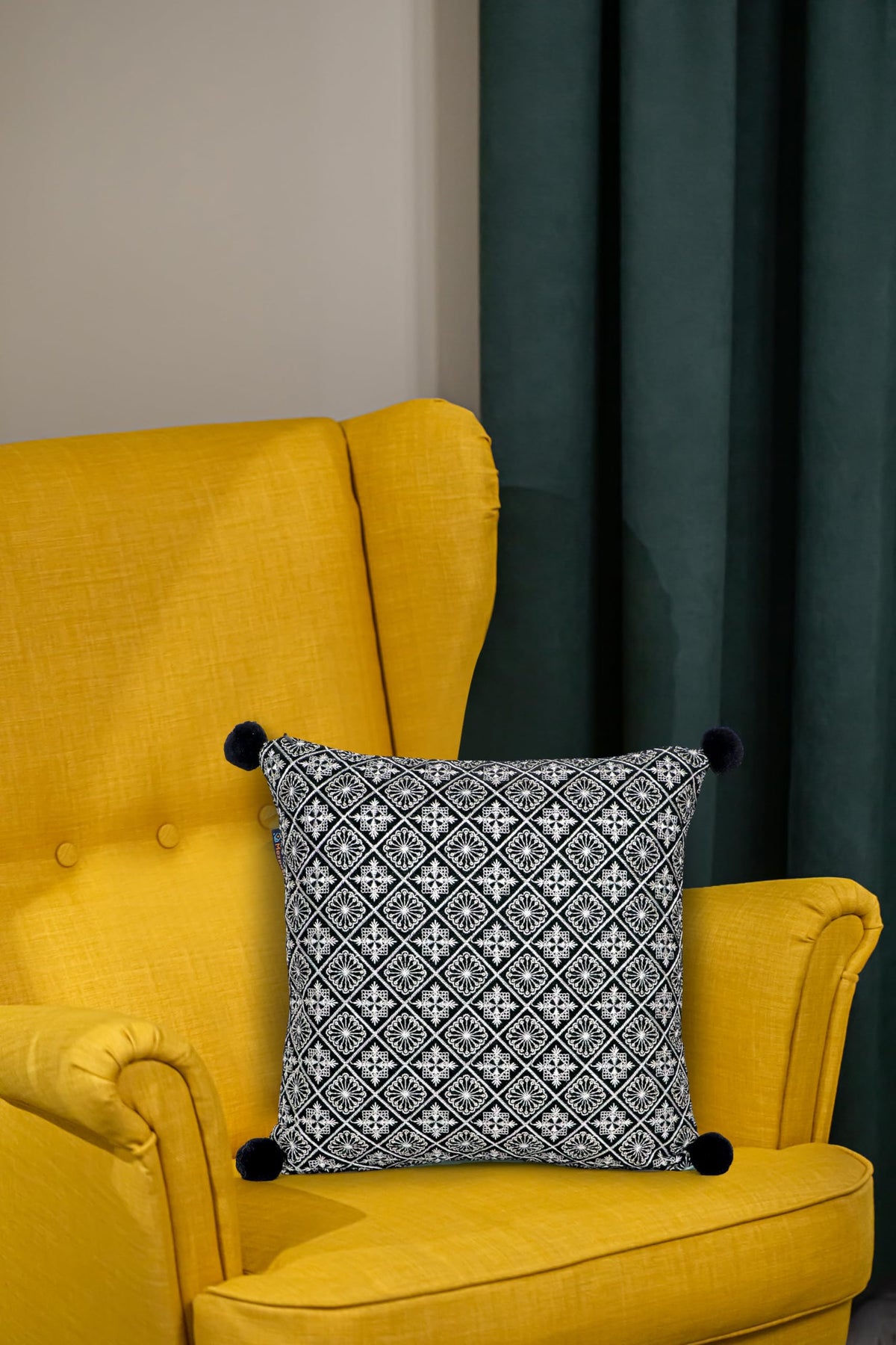 Mezposh Black & Multi Harlequin Embroidered Velvet & Faux Silk Cushion Cover (16X16)