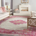 Nourison Passion Ivory/Fushia 10' X 14' Area-Rug, Boho, Traditional, Easy-Cleaning, Non Shedding, Bed Room, Living Room, Hallway