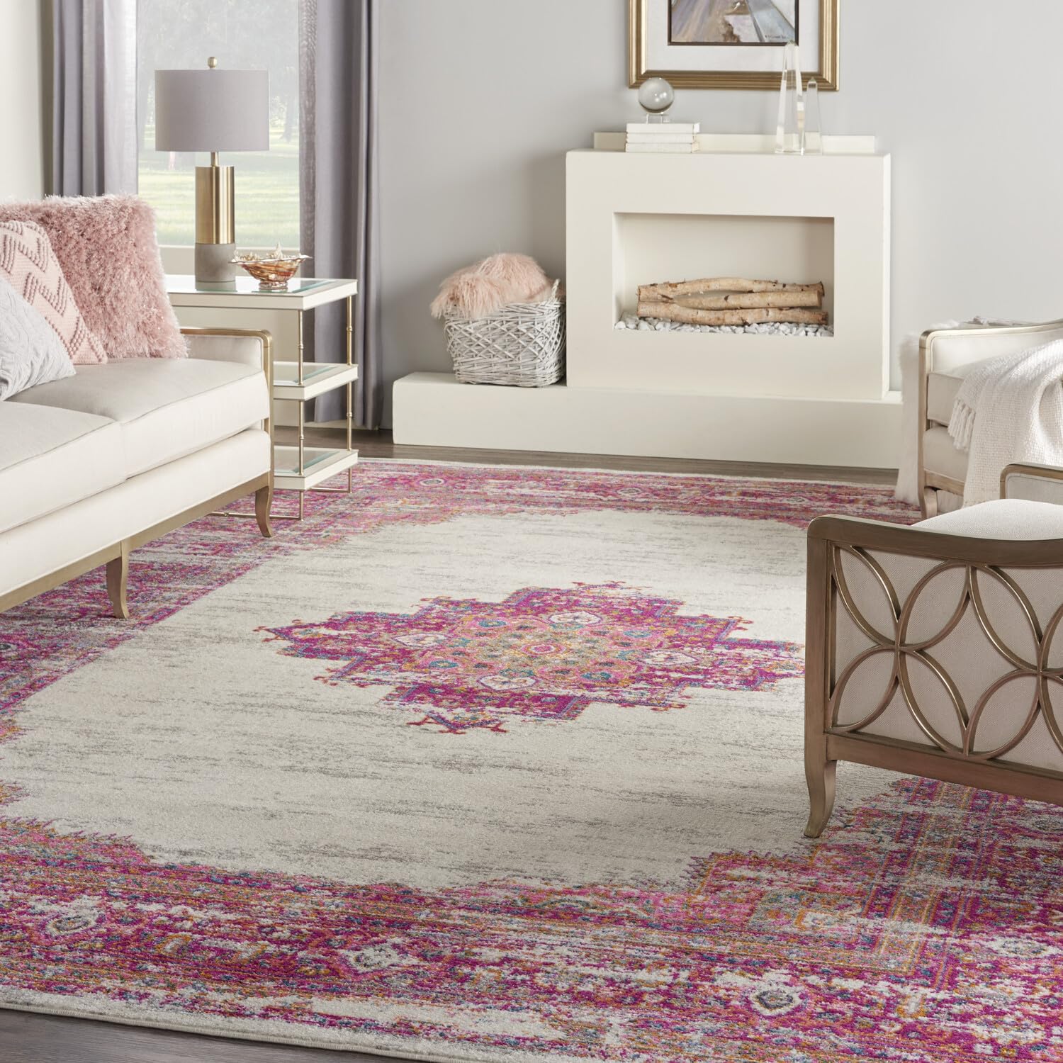 Nourison Passion Ivory/Fushia 10' X 14' Area-Rug, Boho, Traditional, Easy-Cleaning, Non Shedding, Bed Room, Living Room, Hallway
