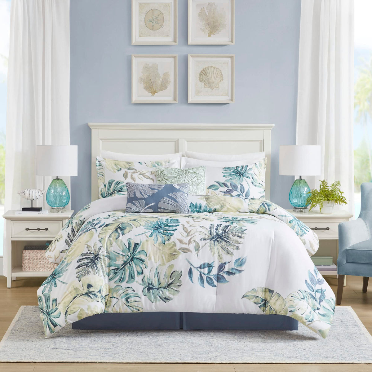 Harbor House Cozy Cotton Comforter Set - Coastal, All Season Down Alternative Casual Bedding With Matching Shams, Decorative Pillows, Lorelai, Monstera Leaf Green Cal King(110'X96') 6 Piece