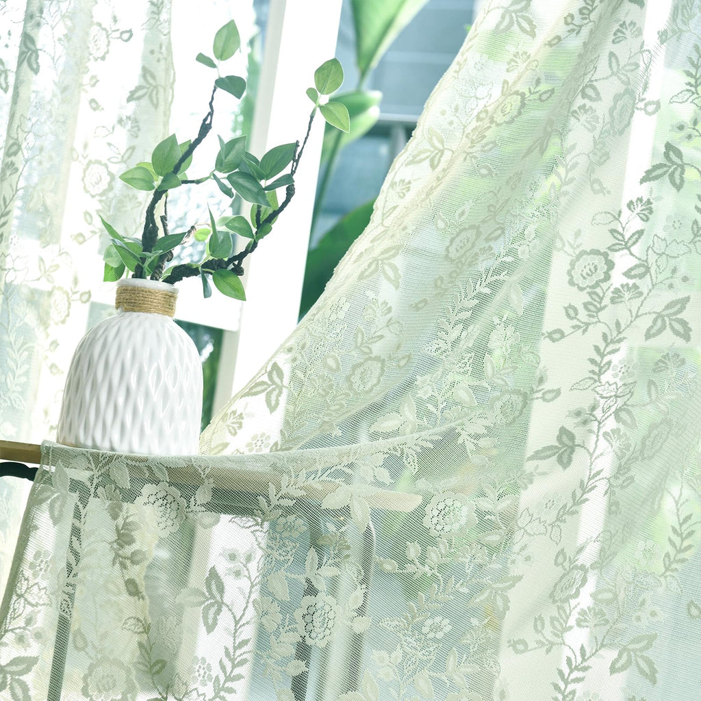 Finecity Green Lace Curtains 96 Inches Long, Country Rustic Leaf Floral Spring Sheer Curtains For Living Room, Rod Pocket Privac