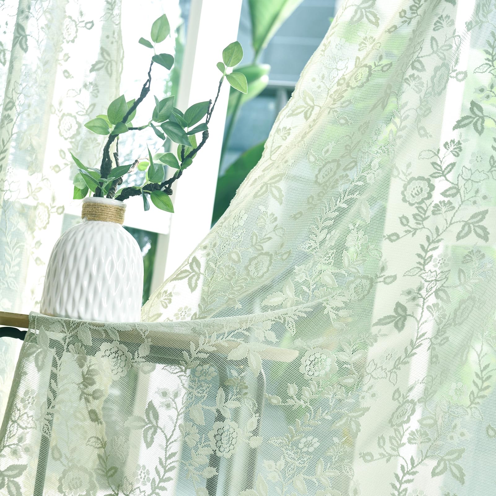 Sage Green Sheer Curtains 102 Inches Long 2 Panels Set Country Rustic Leaf Floral Spring Window Sheer Lace Curtains For Living R