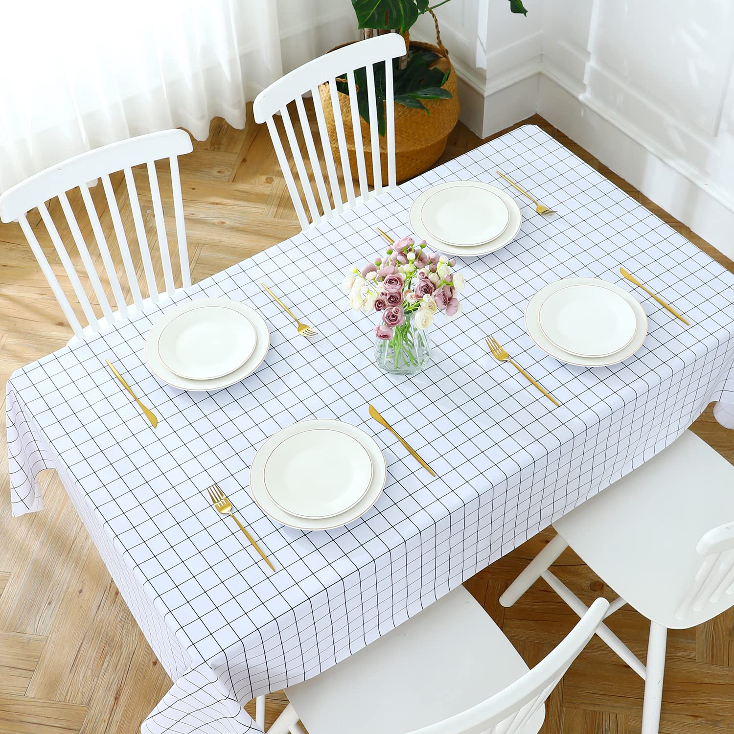 Romanstile Square Vinyl Pvc Tablecloth, 100% Waterproof Buffalo Plaid Plastic Table Cloth, Oil Proof Heavy Duty Wipeable Table Covers For Dining, Picnic, Outdoor - 54 X 54 Inch, White Buffalo Plaid