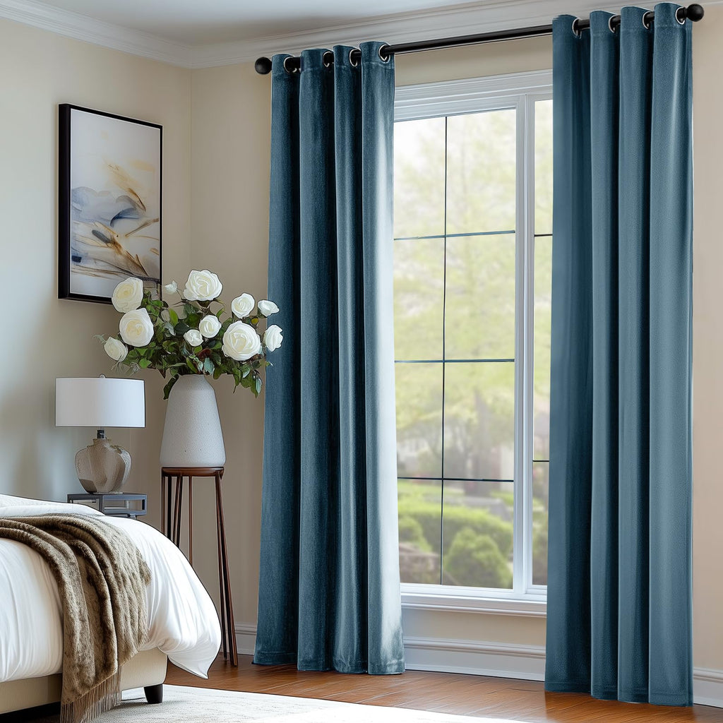 Lazzzy Blackout Velvet Curtains Blue Thermal Insulated Curtains 90 Inch Long Drapes For Bedroom Living Room Darkening Window Treatments Grommet Living Room Curtains Set Of 2 Panels Dark Slate