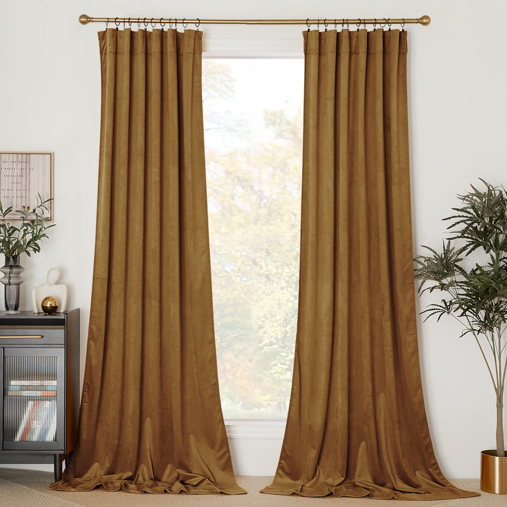 Nicetown Gold Brown Velvet Curtains (2 Panels, 52-Inch Wide X 120-Inch Long), Luxury And Soft Thermal Insulated Velvet Curtains