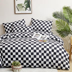 Clothknow Black Plaid King Comforter Set 3Pcs Black White Grid Bedding Comforter Sets Checker Comforter Soft Black And White King Size Comforter Sets