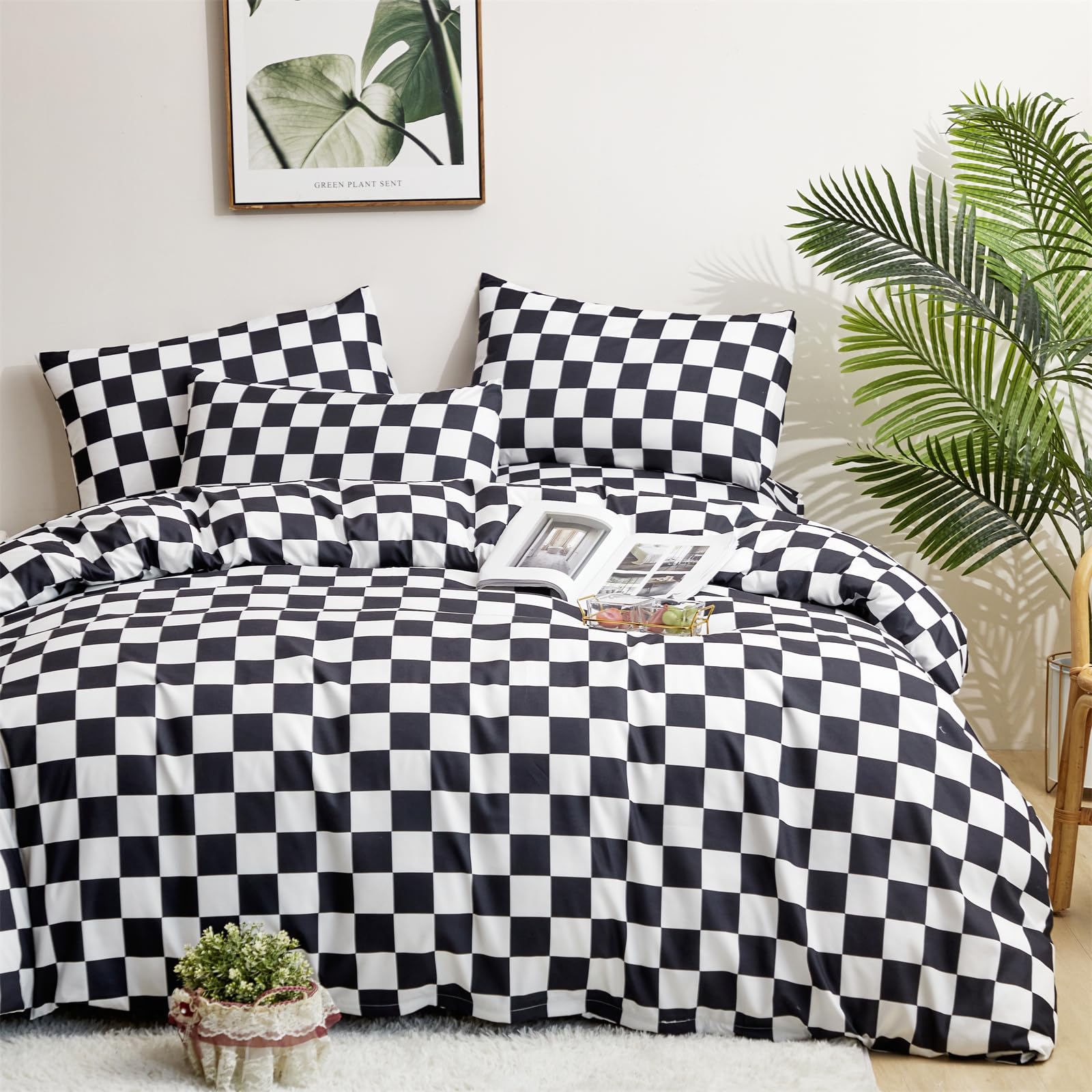 Clothknow Black Plaid King Comforter Set 3Pcs Black White Grid Bedding Comforter Sets Checker Comforter Soft Black And White King Size Comforter Sets