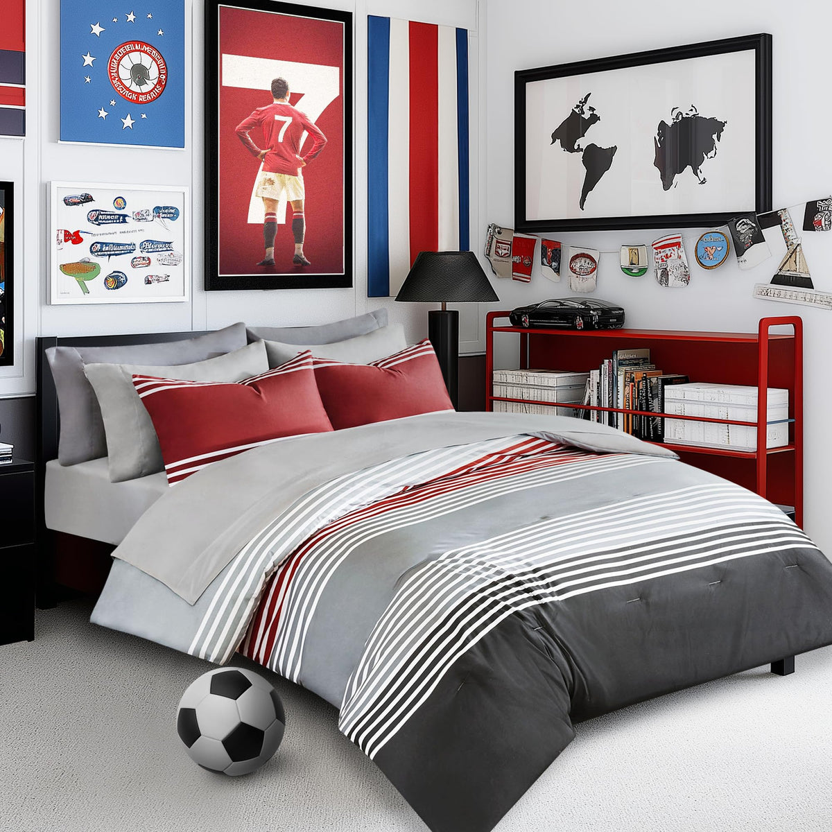 Comfort Spaces Twin Xl Comforter Sets With Sheets  Bed In A Bag 6 Pieces Teen Bedding Sets Twin Xl, Red And Grey Stripes Beddin