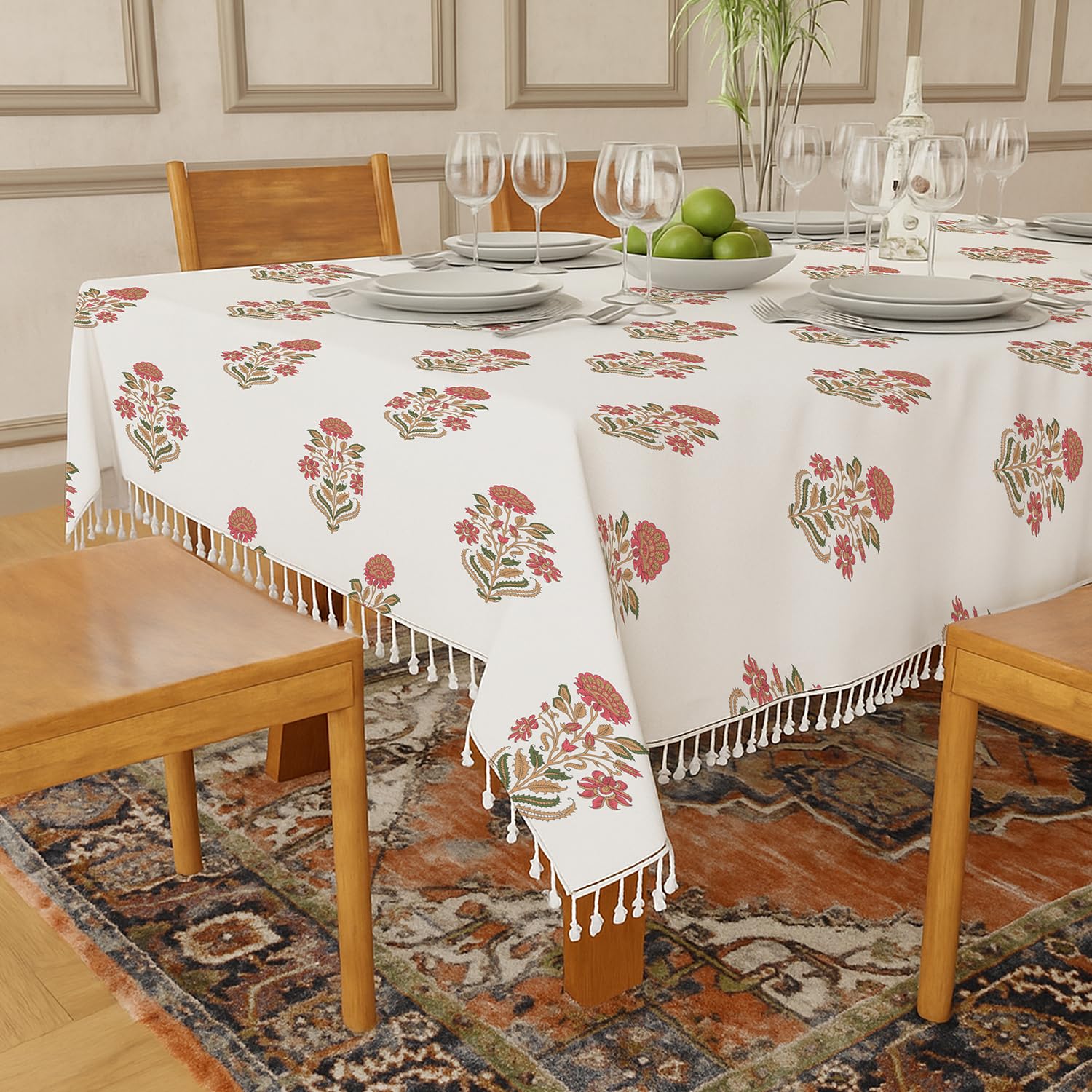 Urban Space 100% Cotton Dining Table Cover 4 Seater, Printed Cotton Table Cloth For Center Table, Table Cover With Tassels For H
