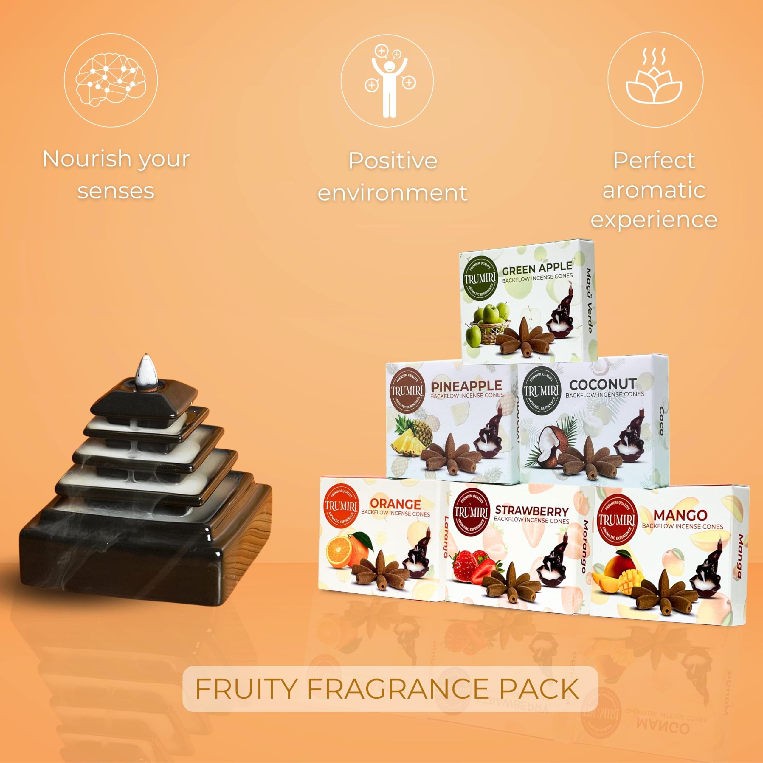 Fruity - Backflow Incense Cones For Waterfall - Scented Inscents-Cones - Pineapple, Strawberry, Coconut, Mango, Apple, Orange -
