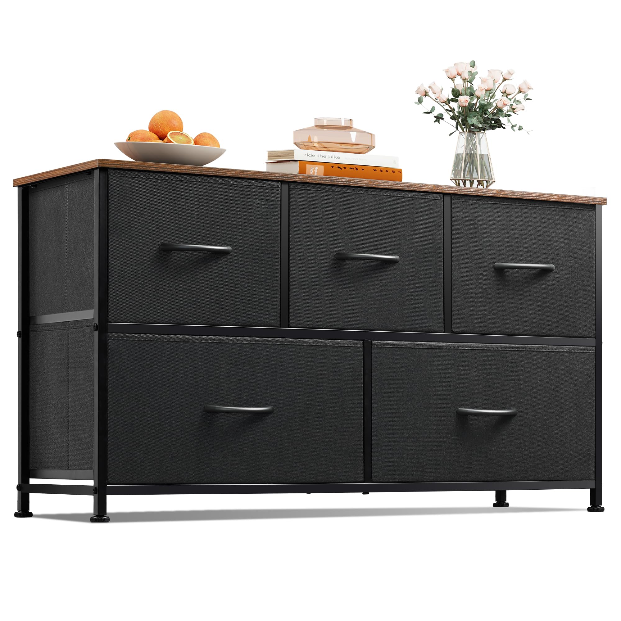 Wlive Dresser For Bedroom With 5 Drawers, Wide Chest Of Drawers, Fabric Dresser, Storage Organizer Unit With Fabric Bins For Closet, Living Room, Hallway, Black And Rustic Brown