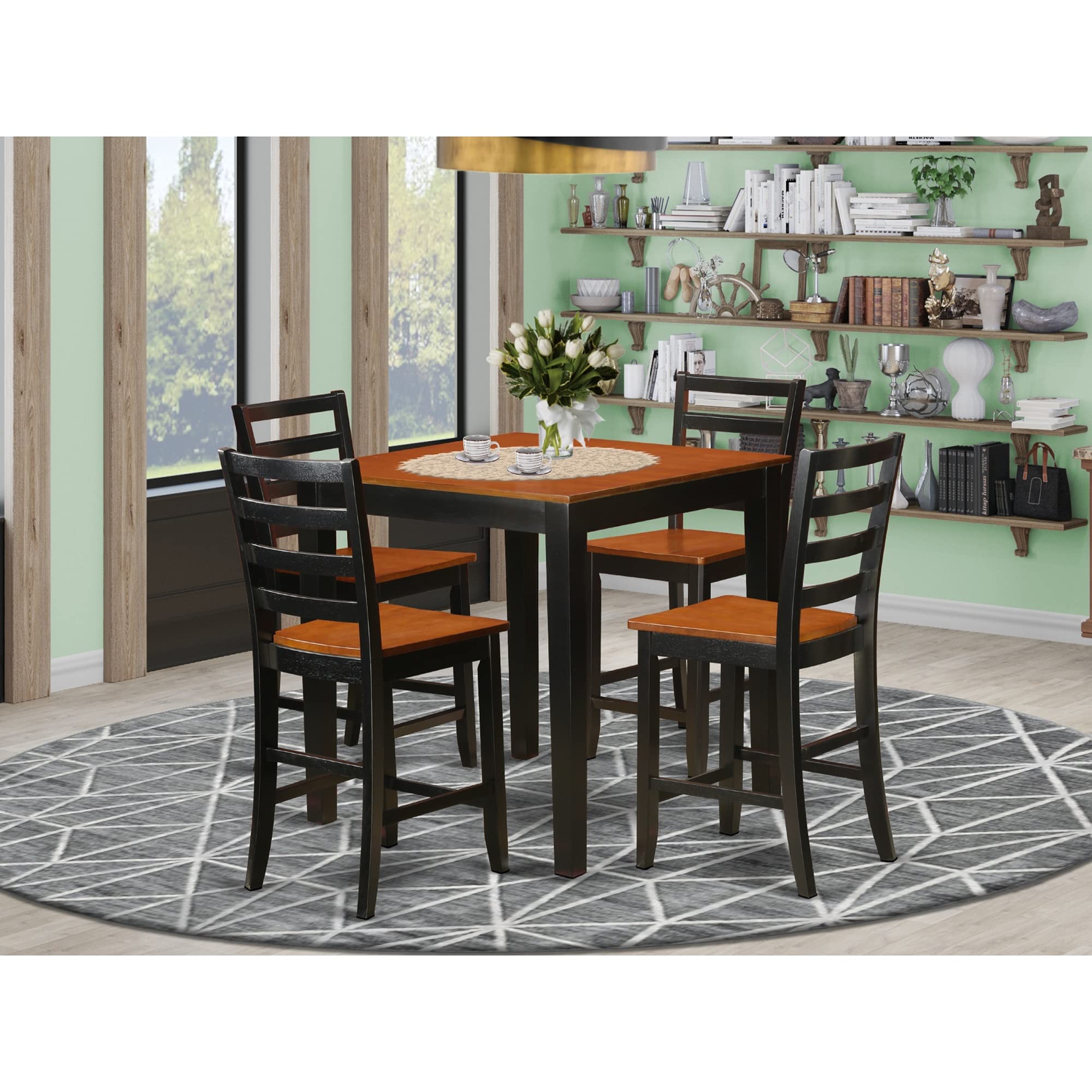 East West Furniture PBFA5-BLK-W 5 Piece Kitchen Counter Height Dining Table Set Includes a Square Pub Table and 4 Dining Room Chairs, 36x36 Inch, Black & Cherry
