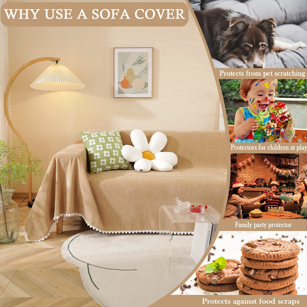 Handontime Khaki Loveseat Covers Couch Cover For Dogs Cats Solid Sofa Covers For 3 Cushion Couch Machine Washable Couch Covers For Sectional Sofa L Shape Chenille Sofa Slipcover Soft, 71' X150'