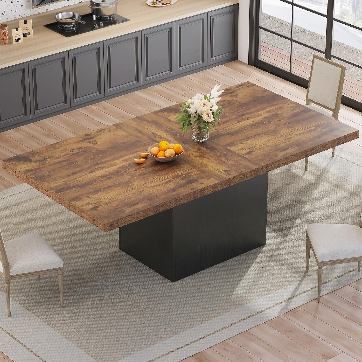 HSH Dining Table for 6 to 8, 71    Wood Rectangular Dinner Table, 6 ft Industrial Kitchen Table only with Black Pedestal, Modern