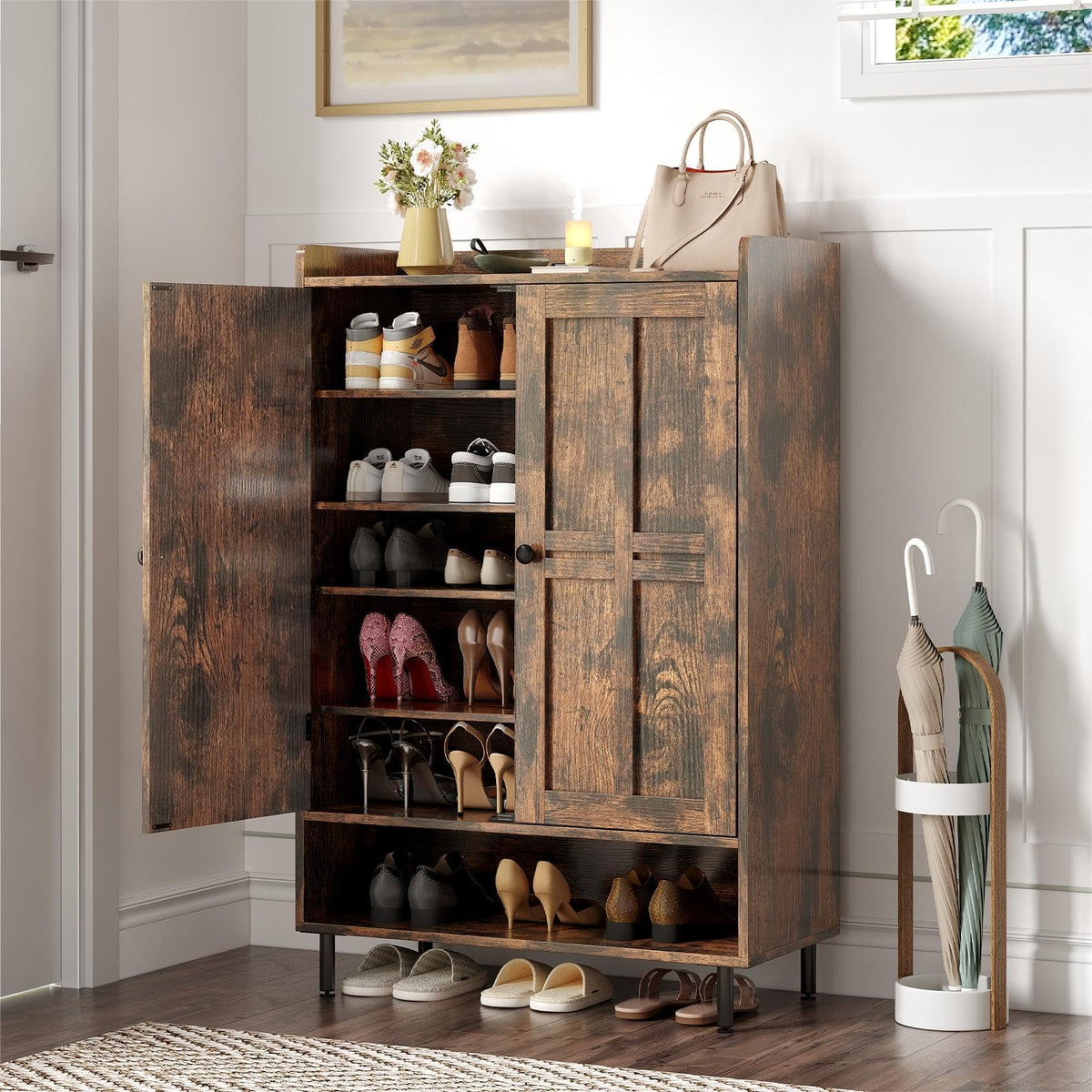 ONBRILL Shoe Storage Cabinet with Cross Molding Doors, 6-Tier Shoe Cabinet with 3 Adjustable Shelves and Metal Legs, 45 Inch Tal