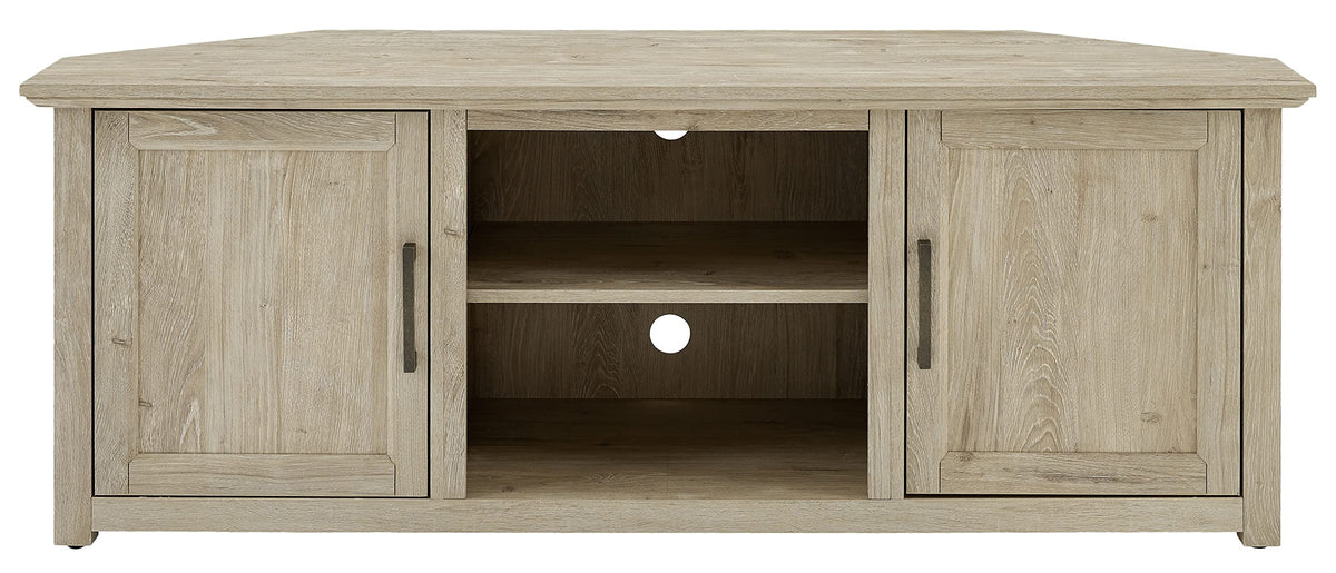 Crosley Furniture Camden Corner TV Stand for 65+ inch TVs, Entertainment Center with Storage Shelves, Frosted Oak