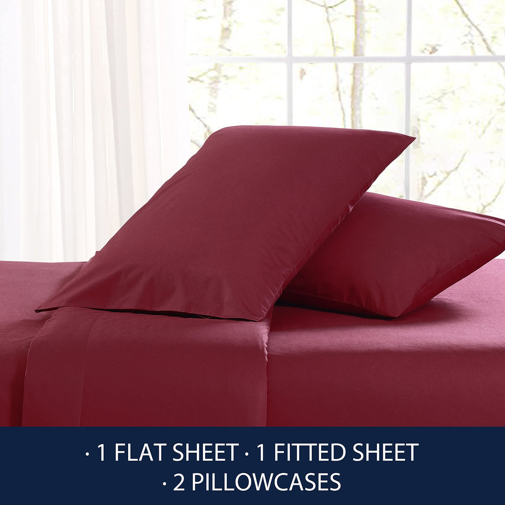Nautica- King Sheet Set, Cotton Percale Bedding Set, Crisp & Cool, Lightweight & Breathable (Solid Dark Red, King)