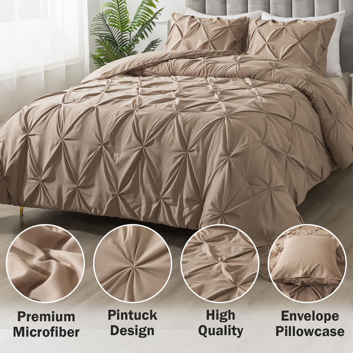 Andency California King Comforter Set Taupe (104X96Inch), Pinch Pleat Cal King Comforter Set 3 Pieces, Oversized King Pintuck Bed Comforter, Microfiber Down Alternative Comforter Bedding Set