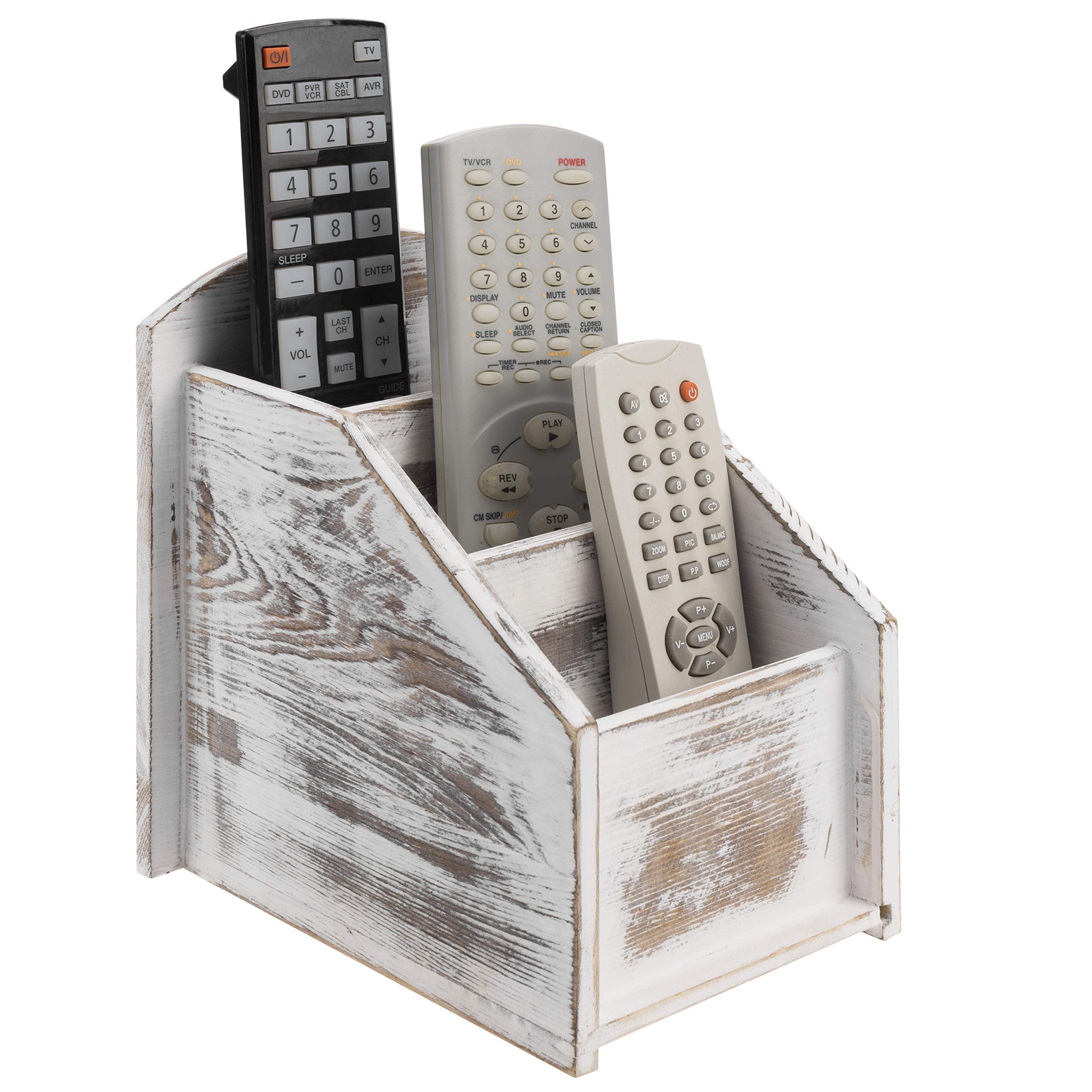 MyGift Whitewashed Wood Remote Control Holder Organizer Caddy with 3 Compartments, TV Remote Media Remote Storage Box for Living