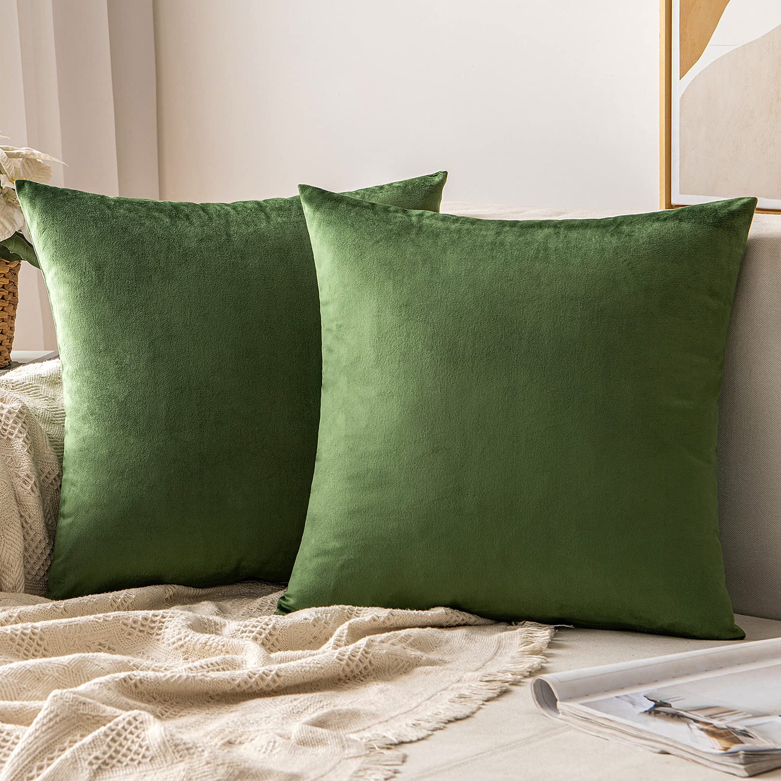 Miulee Pack Of 2 Moss Green Velvet Throw Pillow Covers 24X24 Inch Soft Solid Decorative Square Set Cushion Cases For Spring Couc