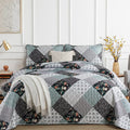Xruibed Floral Plaid Patchwork Quilt Set Queen Size 3 Pieces Blue Gray Bedspread Set Reversible Quilt Bedding Set Microfiber Bed