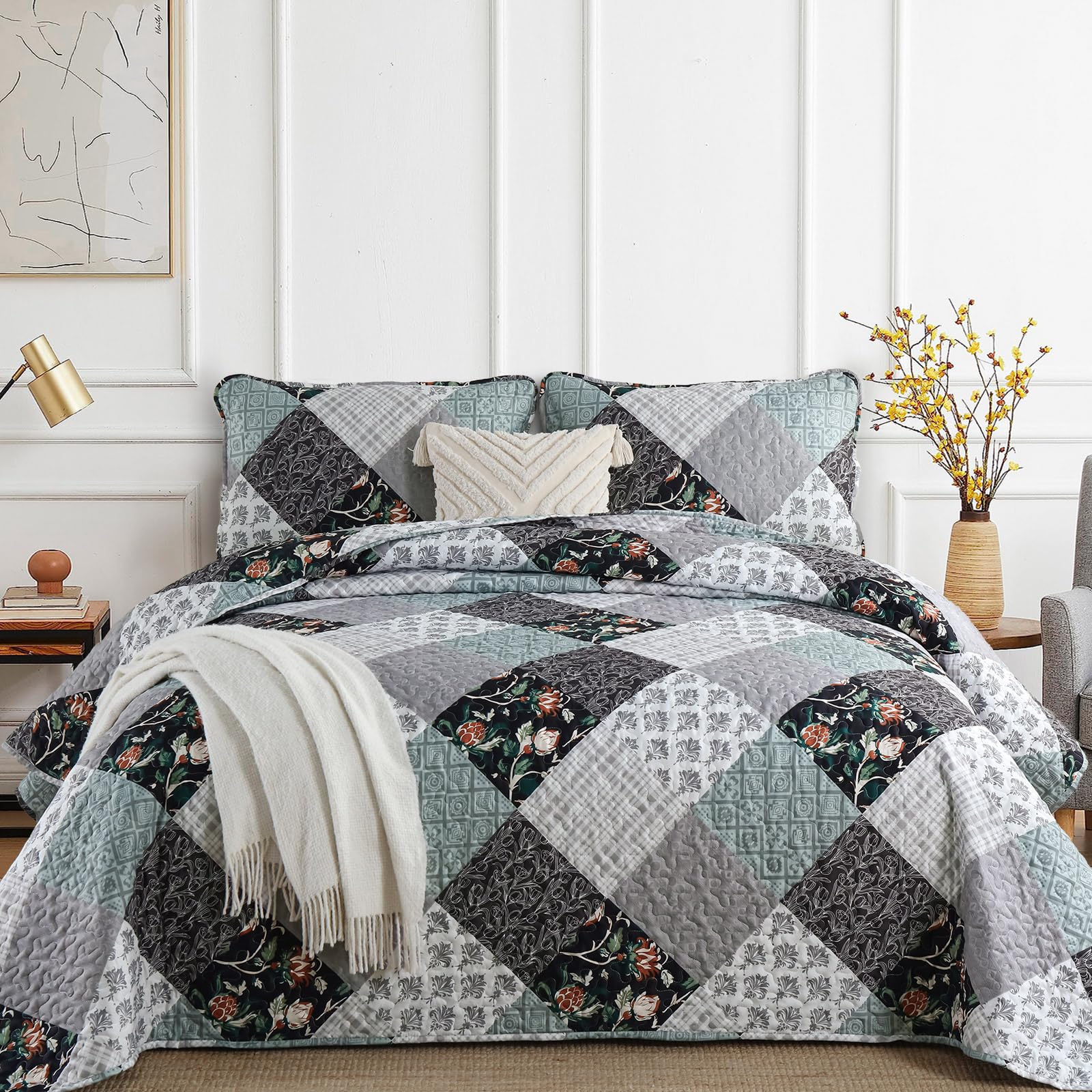 Xruibed Floral Plaid Patchwork Quilt Set Queen Size 3 Pieces Blue Gray Bedspread Set Reversible Quilt Bedding Set Microfiber Bed